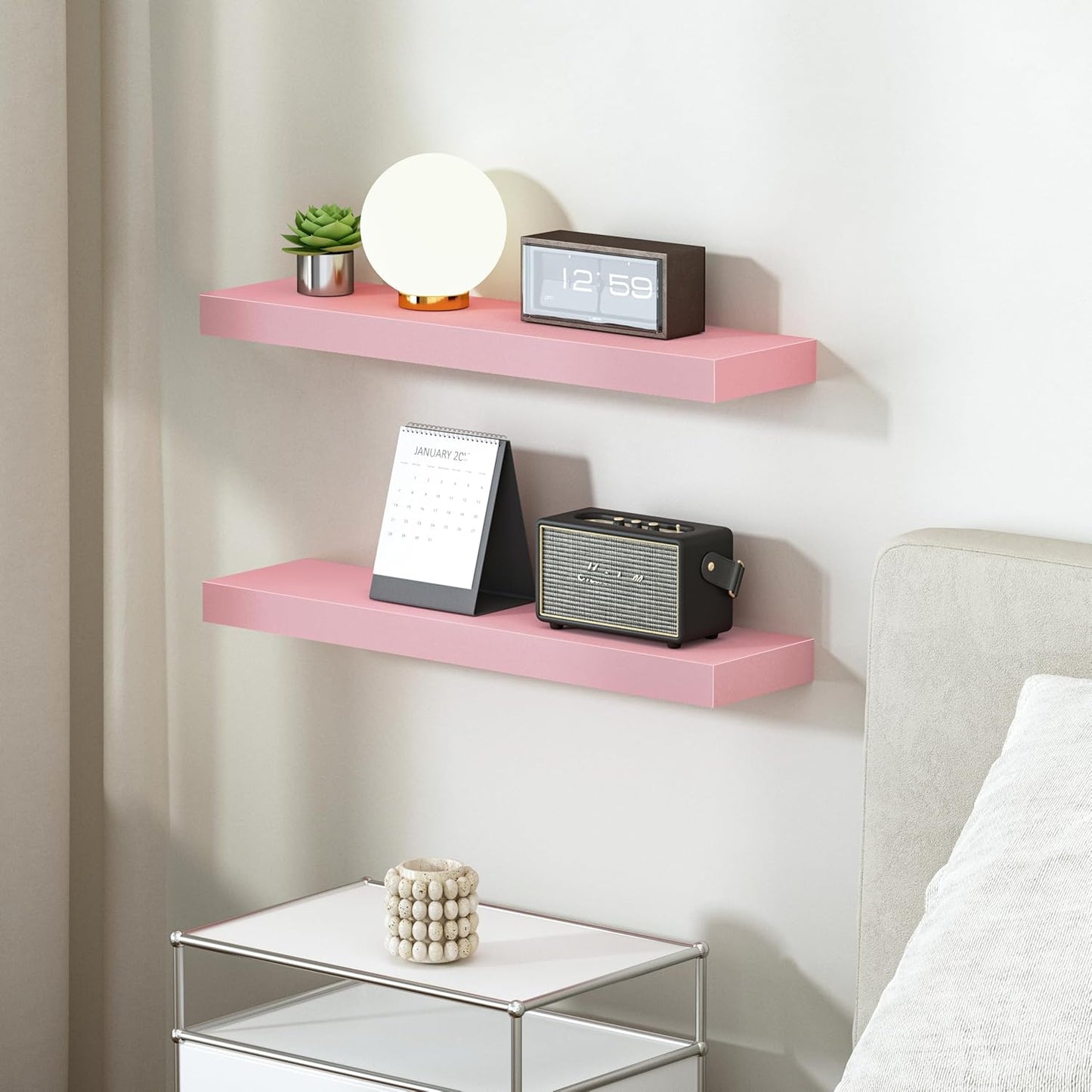 BAMEOS Pink Floating Shelves for Wall, 24" x 6" Wall Shelves for Room, Floating Book Shelves, Hanging Shelves for Bedroom, Bedroom, Living Room, Kitchen (Set of 2)
