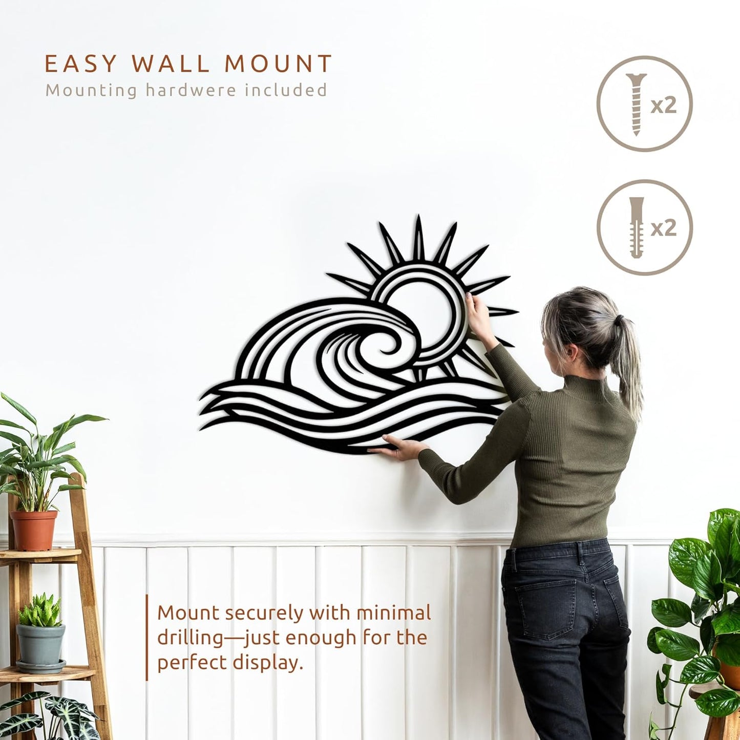 Wita Home Ocean Wave Metal Wall Art, Sun Beach Decor, Coastal Large Wall Sculpture for Home, Indoor/Outdoor Use, Nautical Wall Hanging, Eye-Catching Addition to Living Room (Black, 40 x 23 inches)