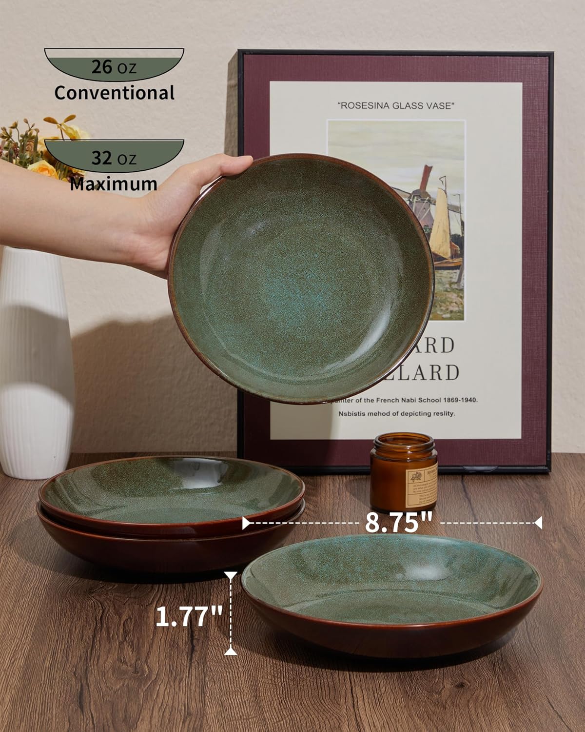 32 Piece Double Bowl Dinnerware Sets with Pasta Bowls, Highly Chip and Crack Resistant Plates and Bowls Sets, Natural Earthyware Ceramic Dishware Sets, Service for 8 Brown Green