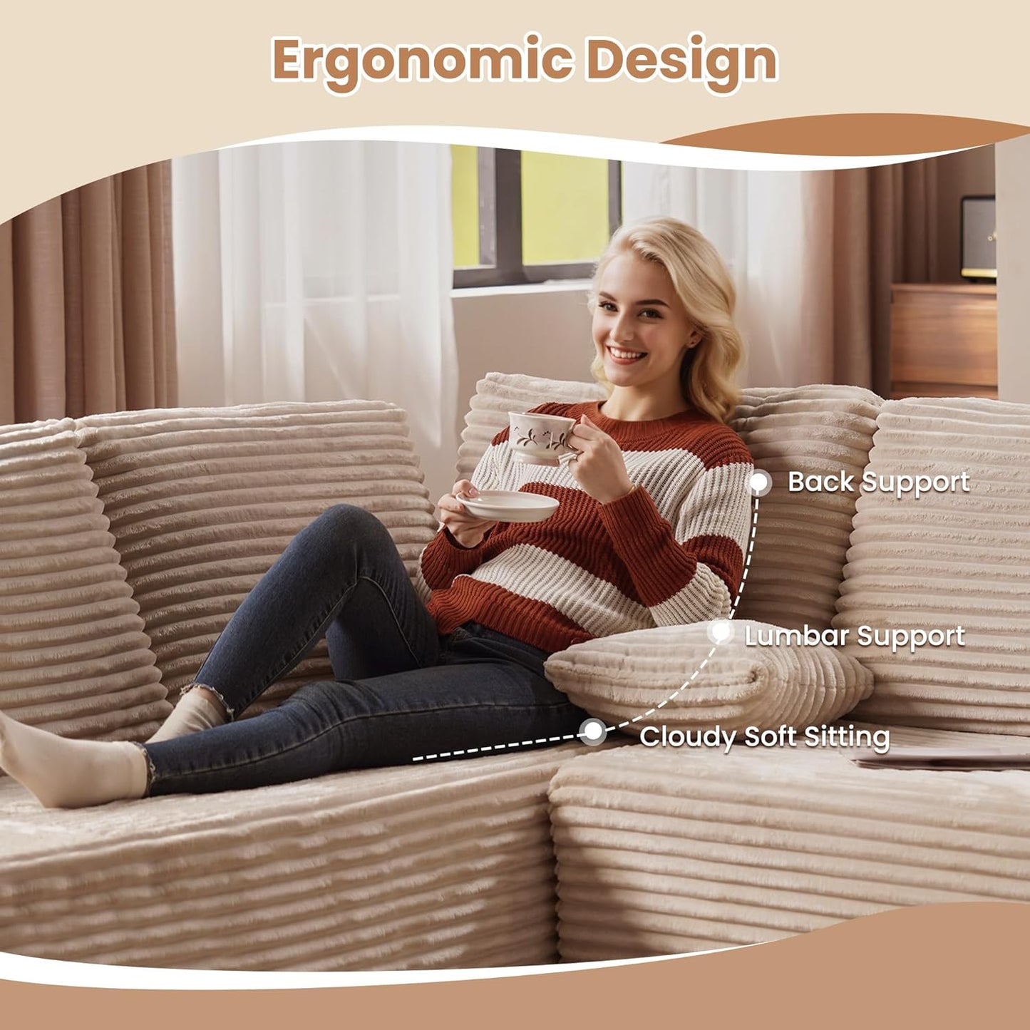 HOOOWOOO Cloud Sectional Couches for Living Room,Modular Sectional Sofa No Assembly,133X108 Inch Plush Corduroy Large U Shaped Floor Couch Set with Deep Seat Right Chaise(Beige)