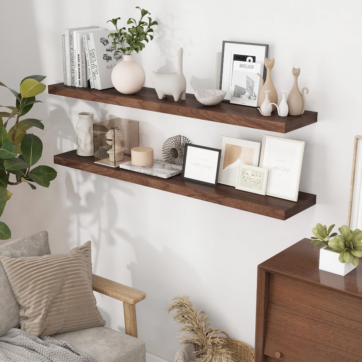 55 Inch Floating Shelves Set of 2, Rustic 55 x 9 Floating Shelf for Wall, 9 Inch Deep Wall Shelves Invisible Bracket, Large Deep Shelving for Bedroom, Kicten, Living Room, Walnut Color