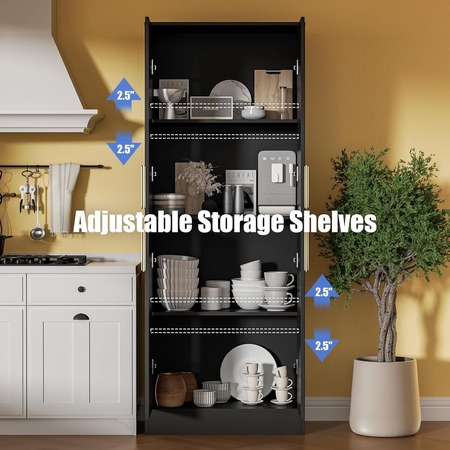 71" Tall Pantry Cabinet, 4 Doors Kitchen Pantry Storage Cabinet, Freestanding Larder Cupboard, Kitchen Hutch with Gold Handles for Dining Room, Bathroom, Black