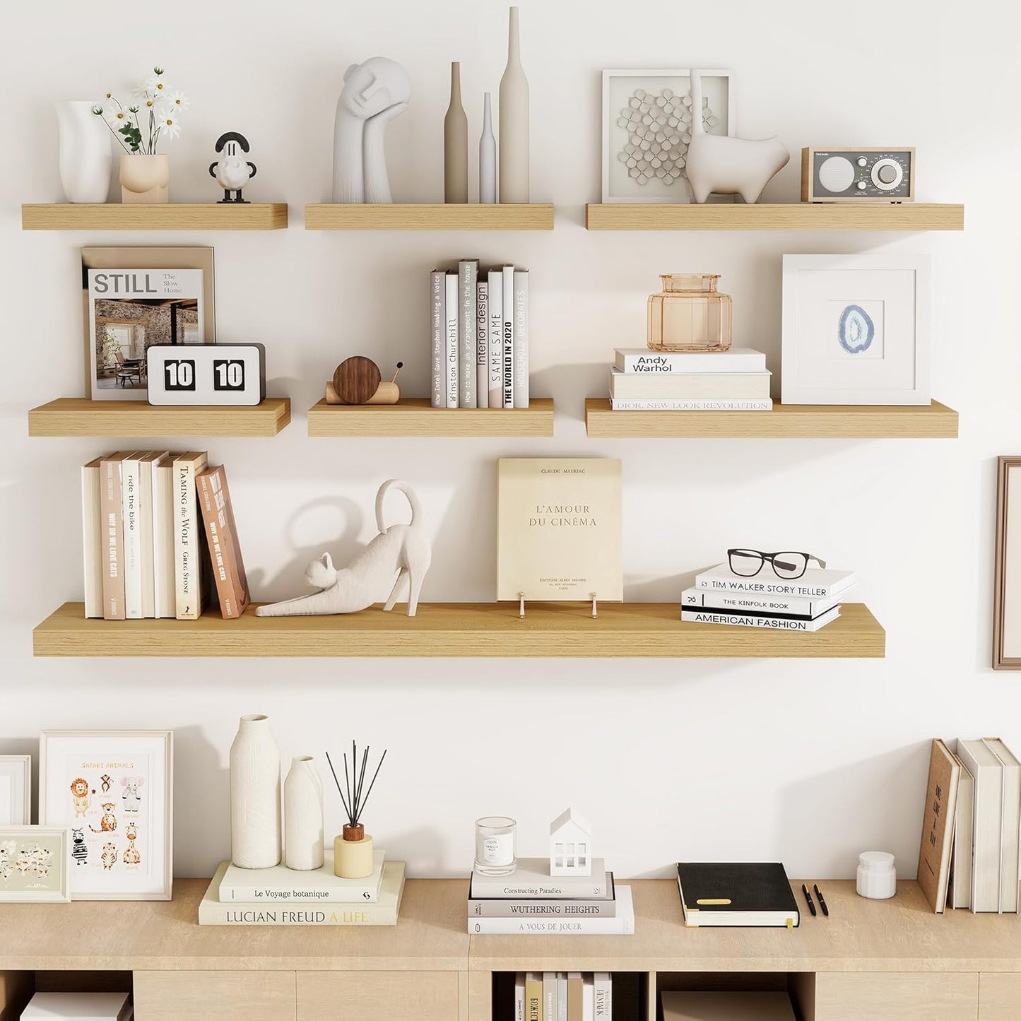 16 Inch Floating Shelves, 3D Textured Wood Grain, 16"x9.25"x1.5" Inch Deep Floating Shelves for Wall, Wooden Shelves for Bathroom, Bedroom, Living Room, Natural