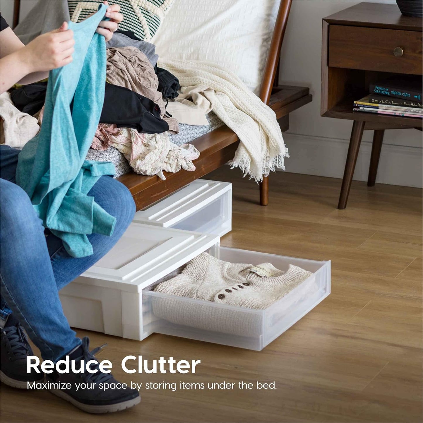 IRIS USA 27 Qt. Plastic Under Bed Storage Stackable Organizer Bin Container with Sliding Organizer Drawers, 4-Pack, Multi-Purpose for Clothes Shoes Clothing Bedding, White