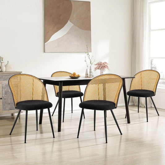 Dining Chairs Set of 4, Mid Century Modern Dining Room Chairs with Full Rattan Back, Boucle Fabric Upholstered Kitchen Dining Chairs Farmhouse Armless Mesh Cane Back Side Chairs with Metal Legs, Black