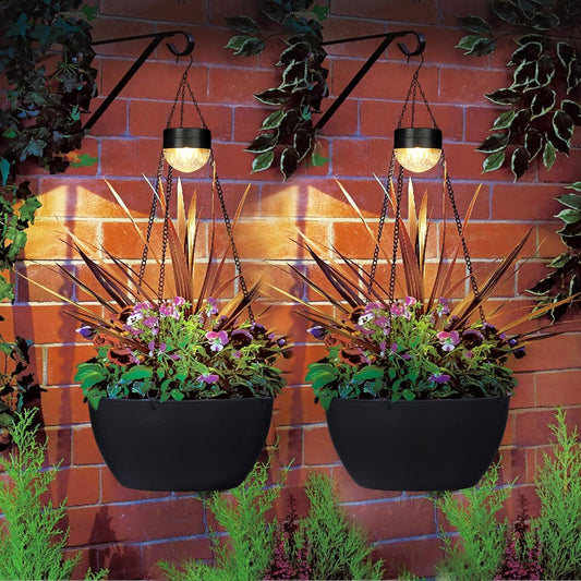 2 Packs Hanging Planters Basket for Outdoor Plants, Solar Powered Self Watering Black Round Plastic Flower Pots with Drainer for Balcony Patio Garden Outdoor Decoration