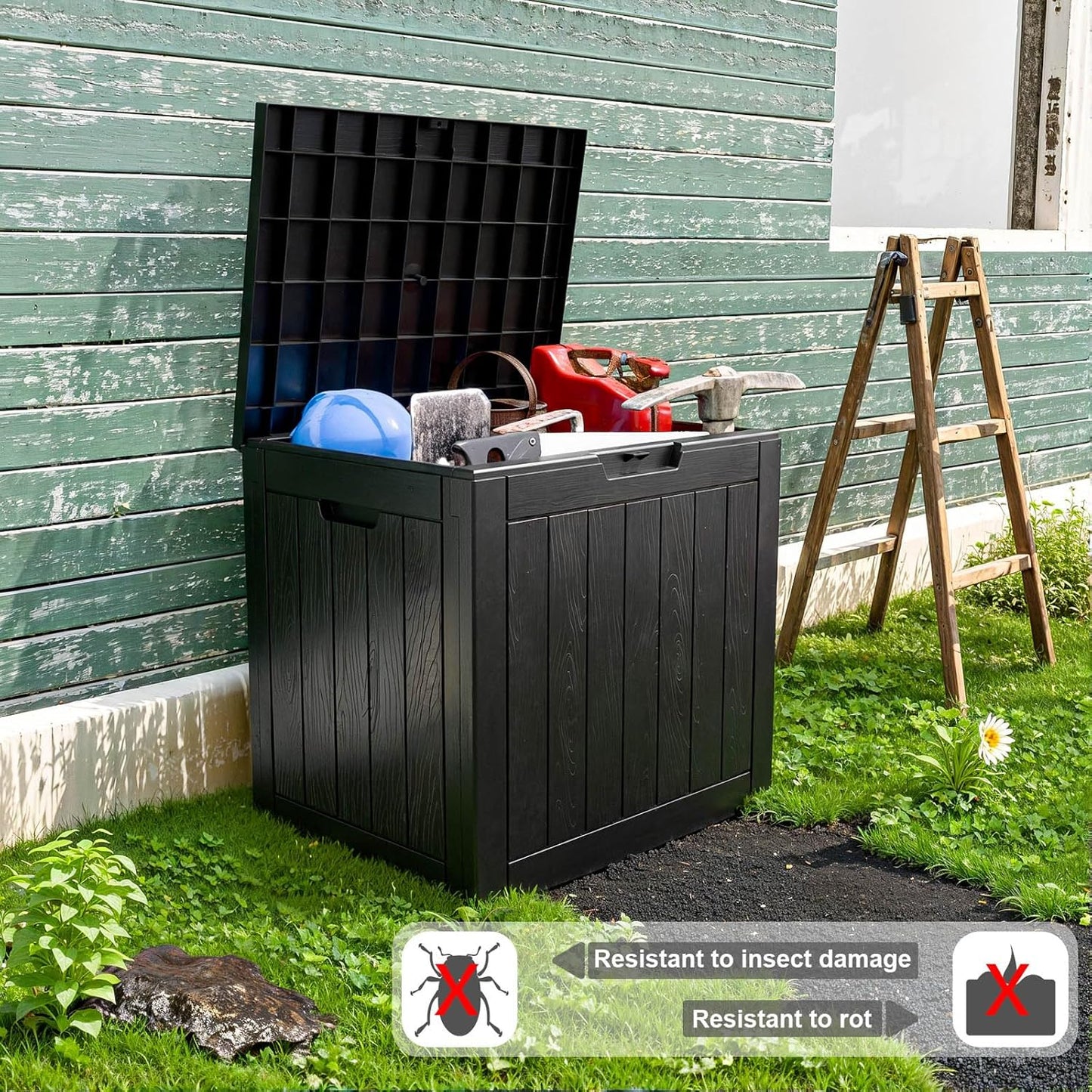 30 Gallon Outdoor Deck Box,Storage Lockable Waterproof Patio Furniture,Garden Tools,Cushions,Pool Accessories Outside Storage Resin Box(Black)