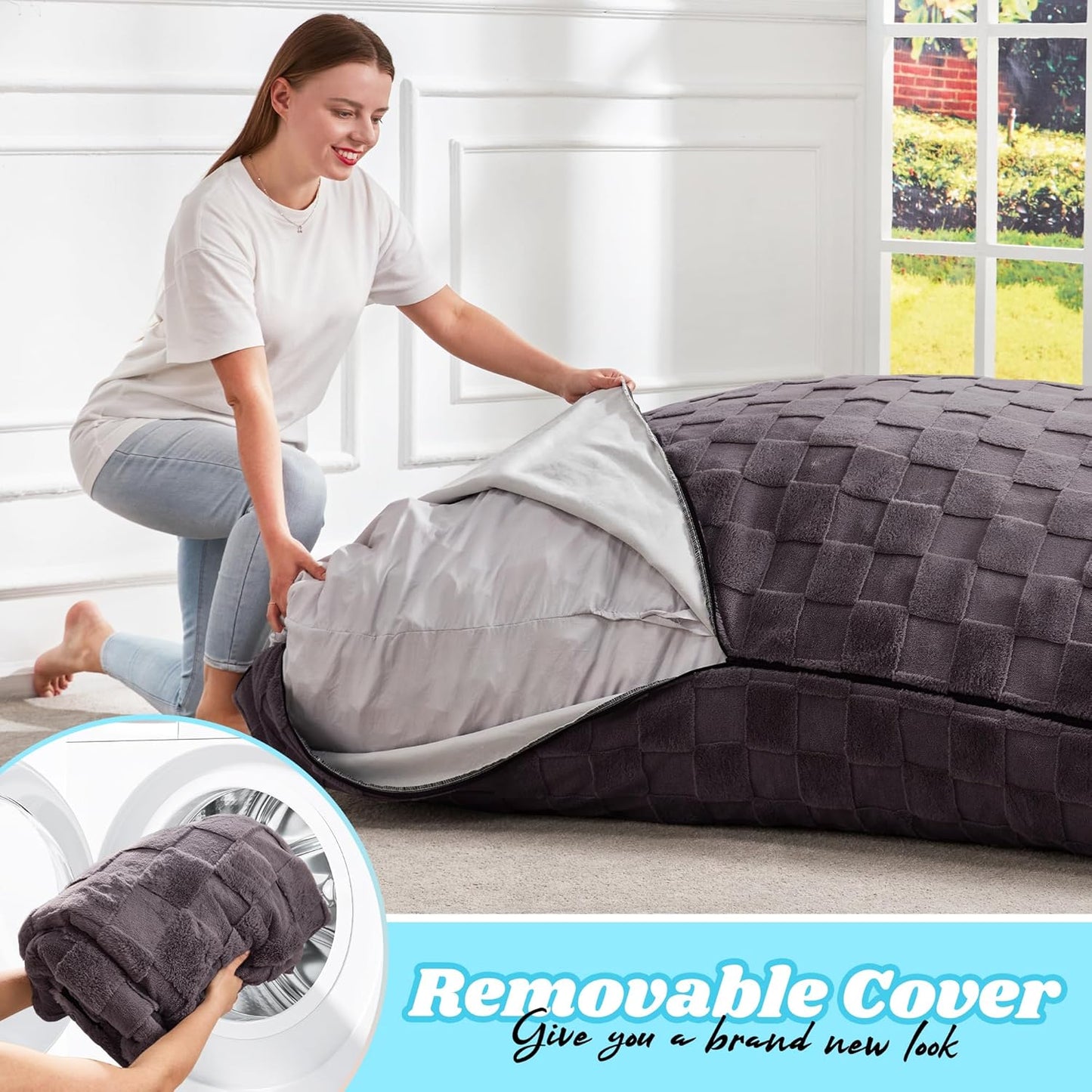 Hobestluk 3 in 1 Bean Bag Chair Giant Bean Bag Chairs for Adults with Plaid Cover Convertible Bean Bag Floor Cushion with Machine Washable Cover for Living Room (Plaid Dark Grey)