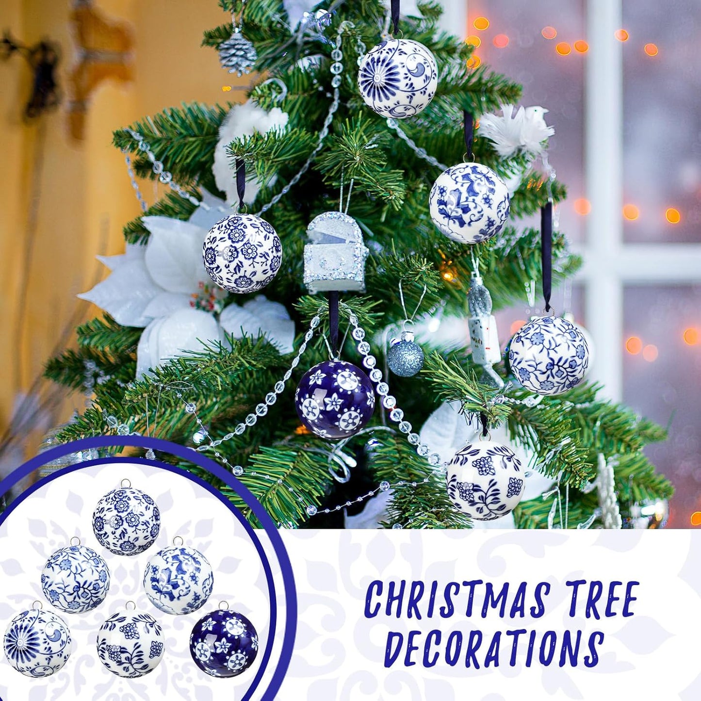 Cindeer 6 Pcs Blue and White Christmas Porcelain Balls 2.4 Inch Porcelain Chinoiserie Ornament Bulk Christmas Ceramic Hanging Decorative for Tree Home Xmas Party (Classic Style)