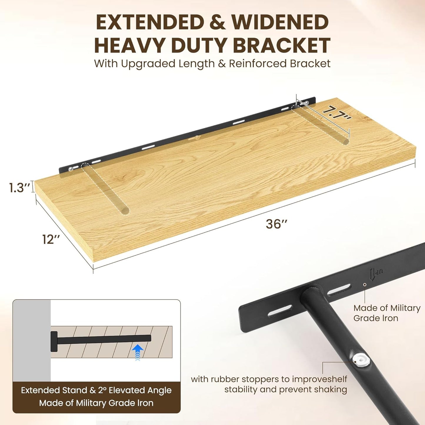 36" Floating Shelves for Wall, 12" Deep Slim Oak Floating Shelves, Wall-Mounted Shelves for Bedroom, Living Room, Kitchen, Bathroom - Set of 2