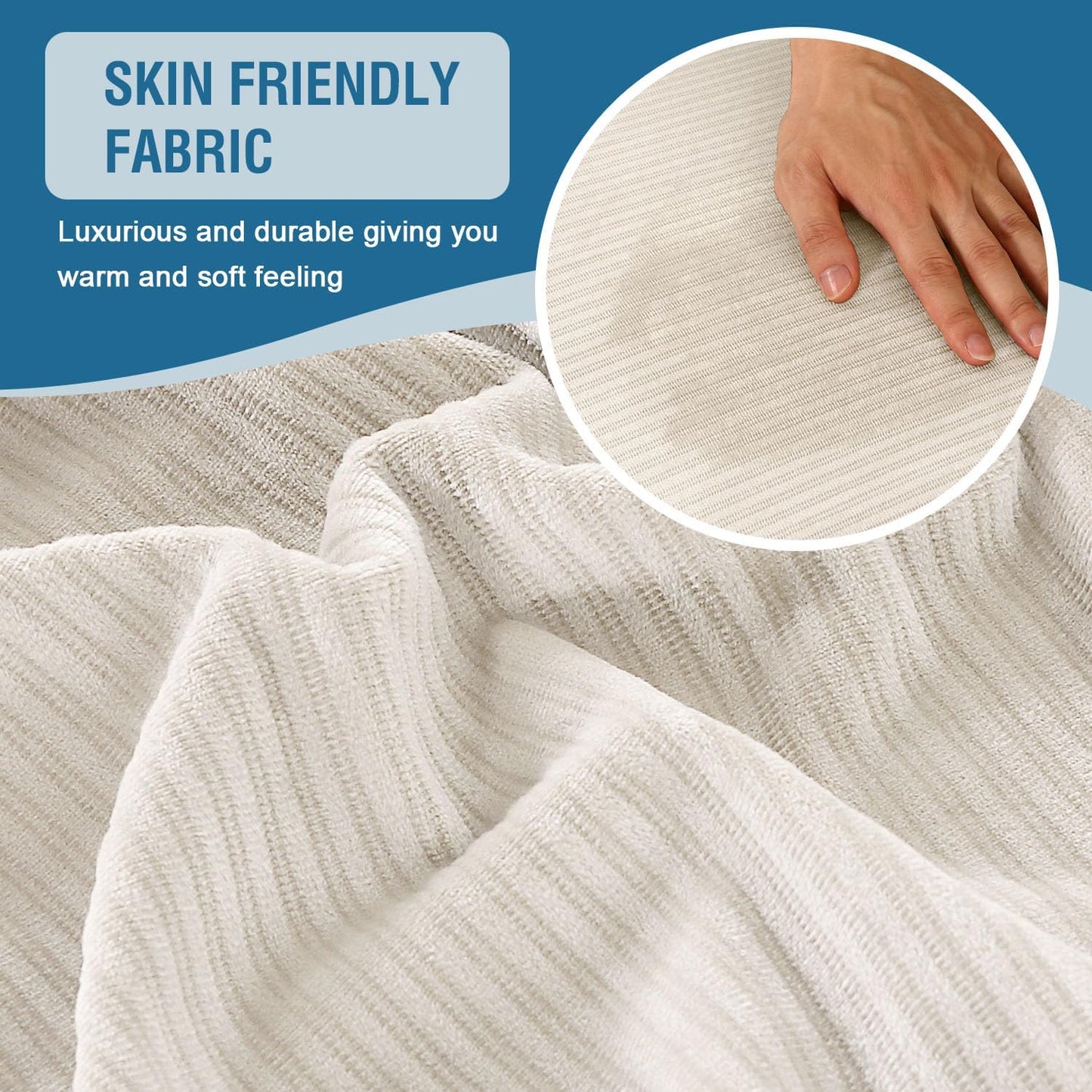 H.VERSAILTEX Velvet Stretch Sectional Couch Covers - 4 Piece Set, L Shape, Ivory Striped (Large Sofa 3 Seater + 1 Chaise)