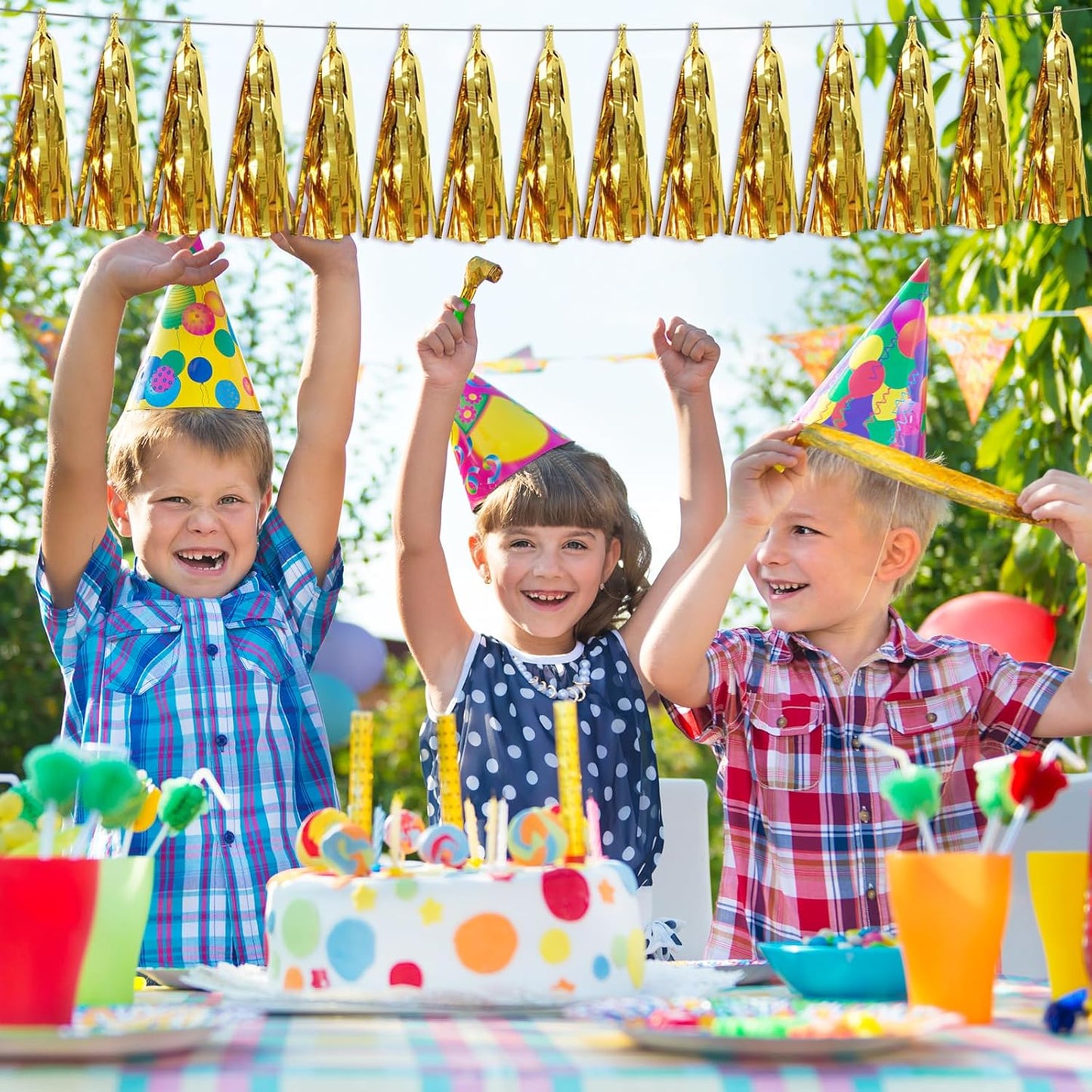 3P Gold Foil Fringe Metallic Tassel Streamers Banner Tassel Garland for Parade Floats, Bachelorette, Wedding, Birthday, Halloween, Christmas, Bridal/Baby Shower Party Decorations