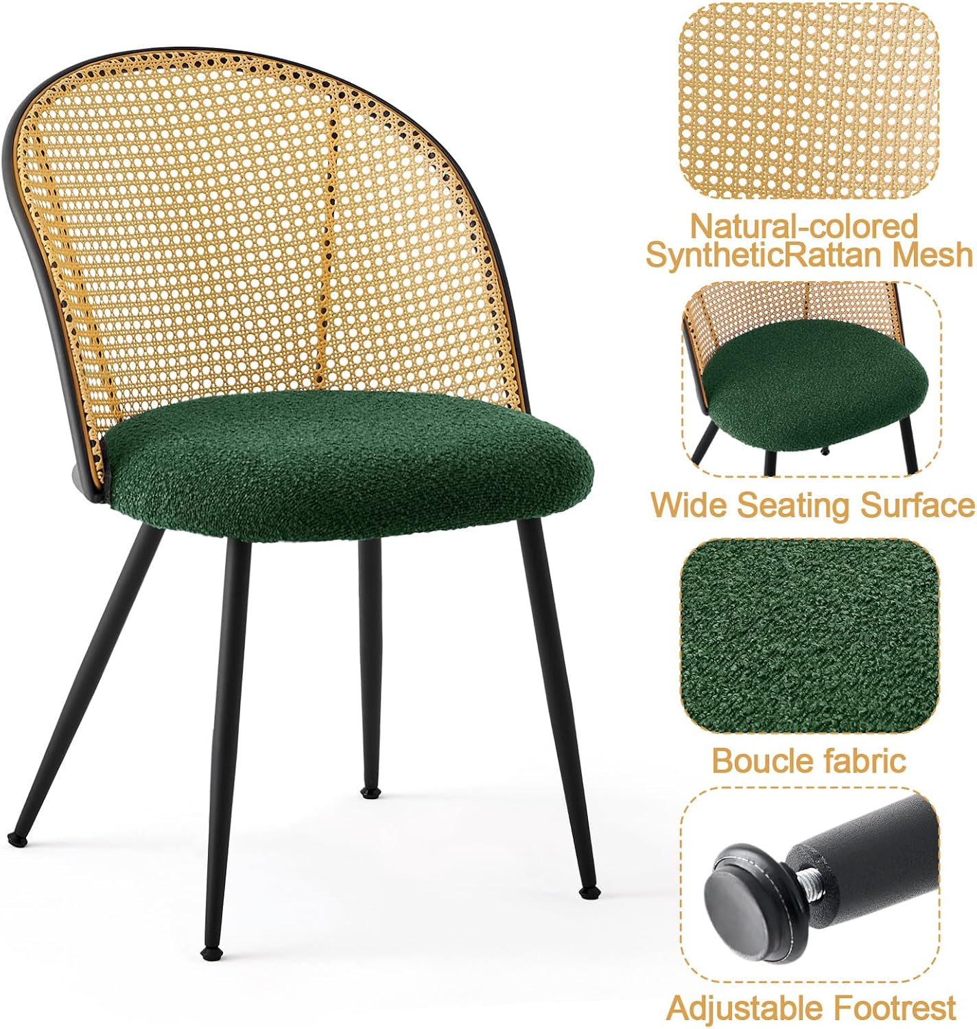 Rattan Dining Chairs Set of 4, Mid-Century Modern Kitchen Dining Room Chairs with Full Cane Backrest Armless Upholstered Farmhouse Boucle Dining Chairs with Metal Leqs for Dining Room, Green