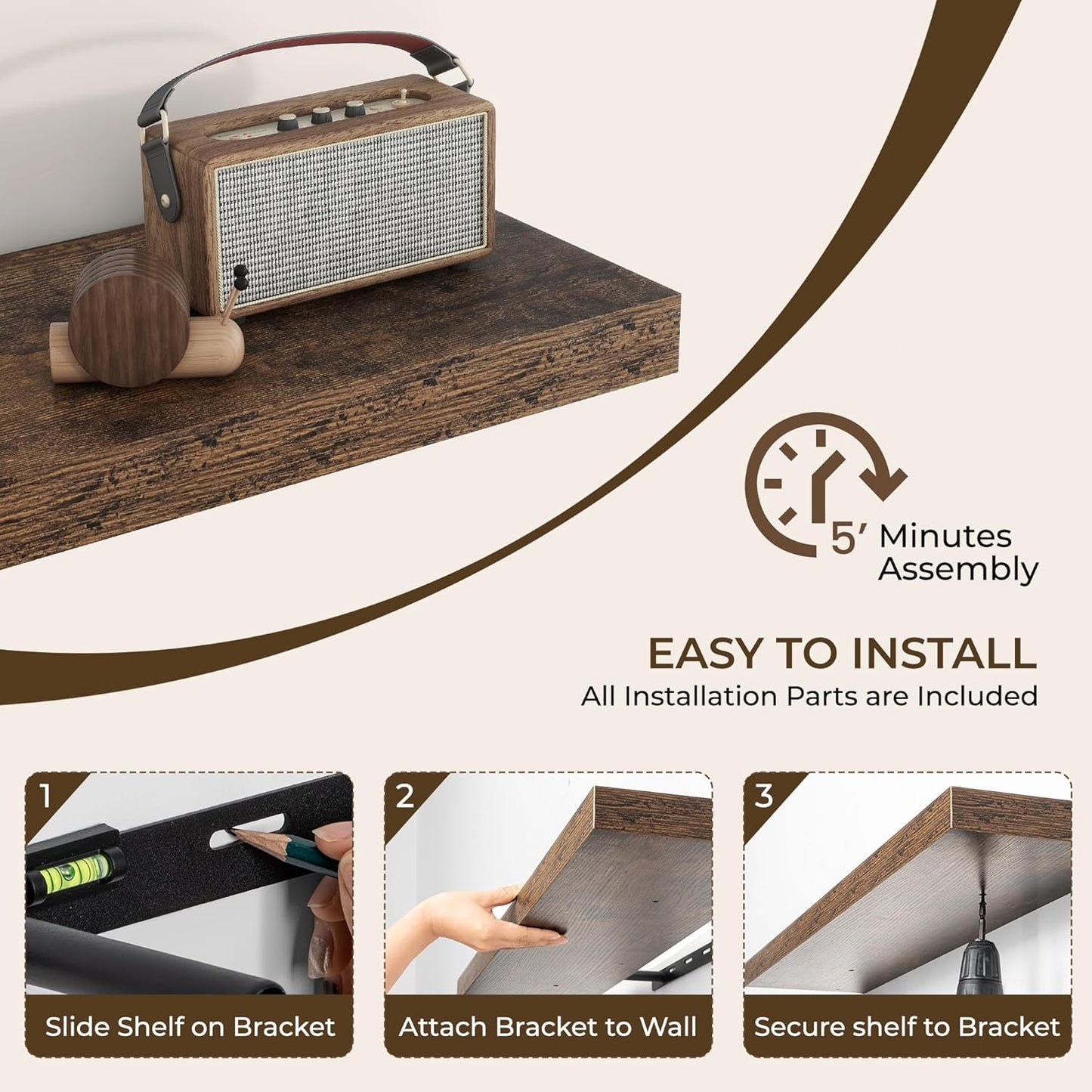 RICHFOCUS 55Inch Floating Shelves for Wall 1 Pack Shelves for Bedroom|Kitchen|Bathroom Wall Mounted Rustic Wood Floating Shelf with Invisible Brackets for Books|Storage|Decor, Rustic Brown