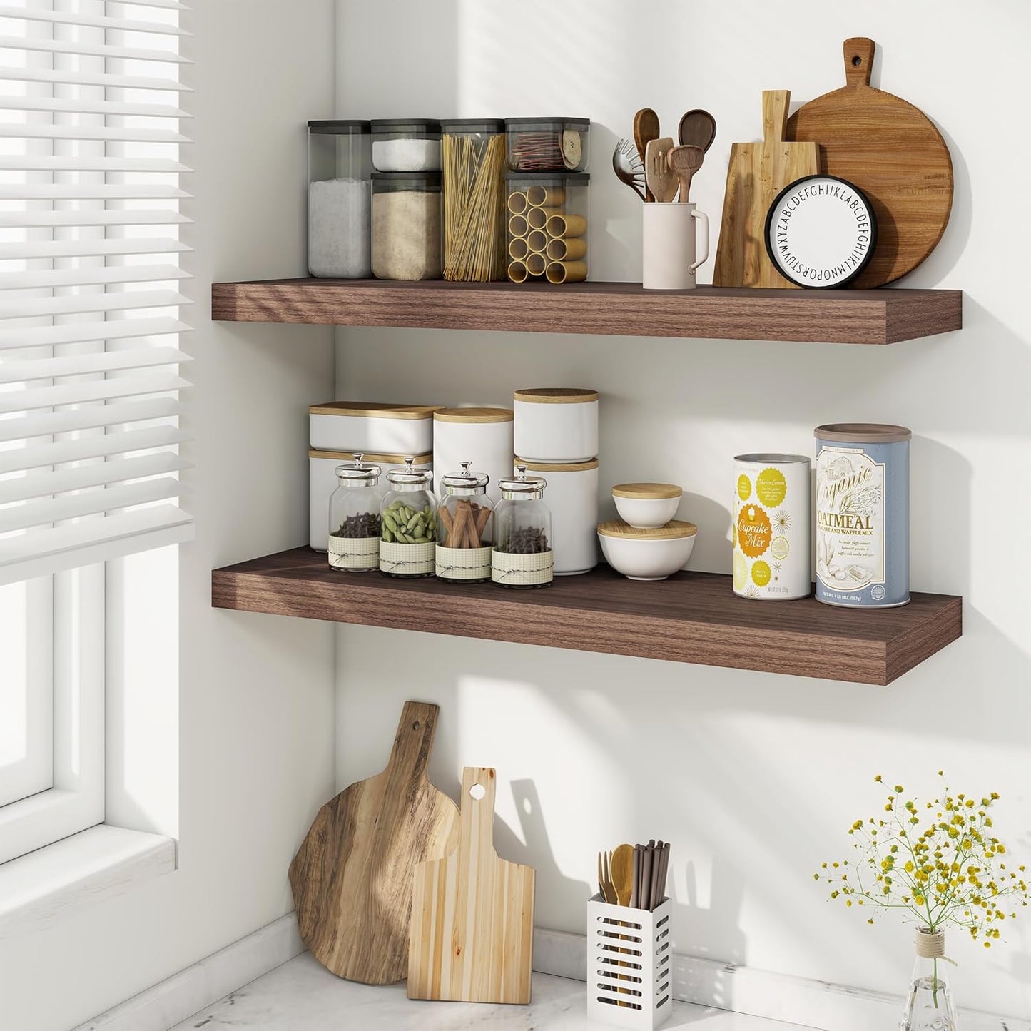 Fun Memories Floating Shelves for Wall, 30 Inch Rustic Wood Wall Mounted Shelves for Bathroom, Bedroom, Kitchen, Living Room, Deep Floating Shelves for Storage & Home Decor (Walnut, Set of 2)