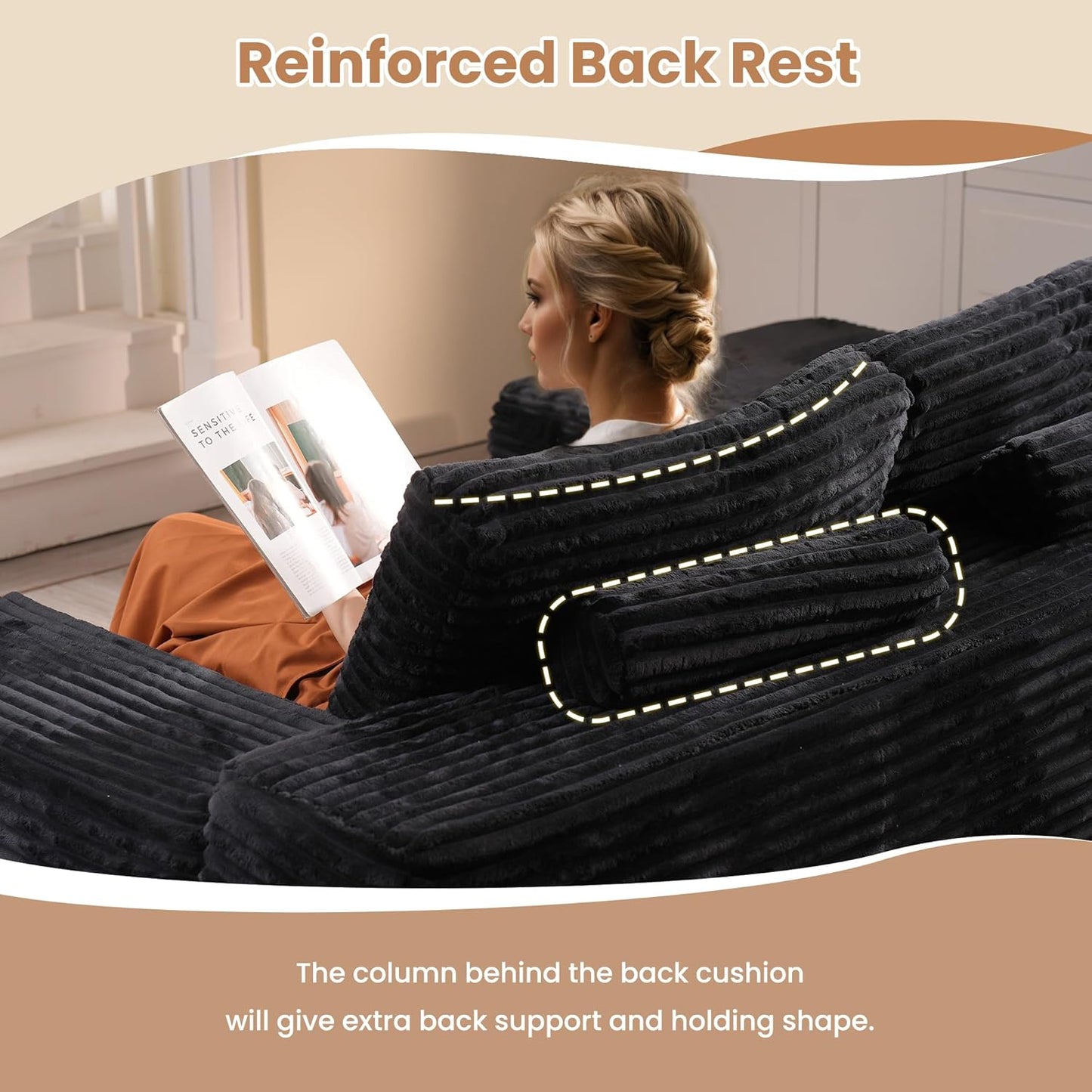 HOOOWOOO Cloud Sectional Couches for Living Room,Modular Sectional Sofa No Assembly,138X108 Inch Plush Corduroy Large L Shaped Floor Couch Set with Deep Seat(Black)