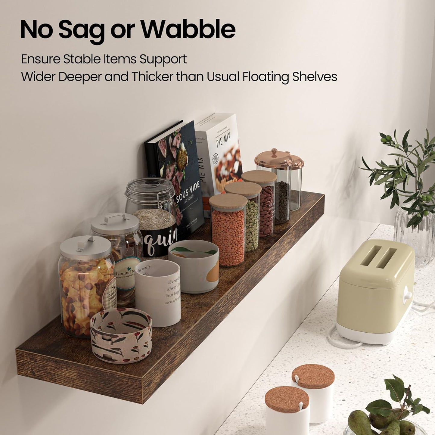 Floating Shelves for Wall, 31.5"W x 6.7"D x 1.5"H, Wooden Wall Mounted Display Shelf with Invisible Brackets for Living Room, Bedroom, Bathroom, Kitchen Decor & Storage, Set of 2, Rustic Brown