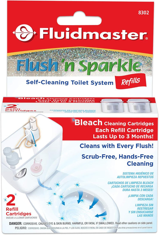 Fluidmaster 8302P8 Flush 'n Sparkle Automatic Toilet Bowl Cleaning System Bleach Replacement Cartridge Refills, 2-Pack