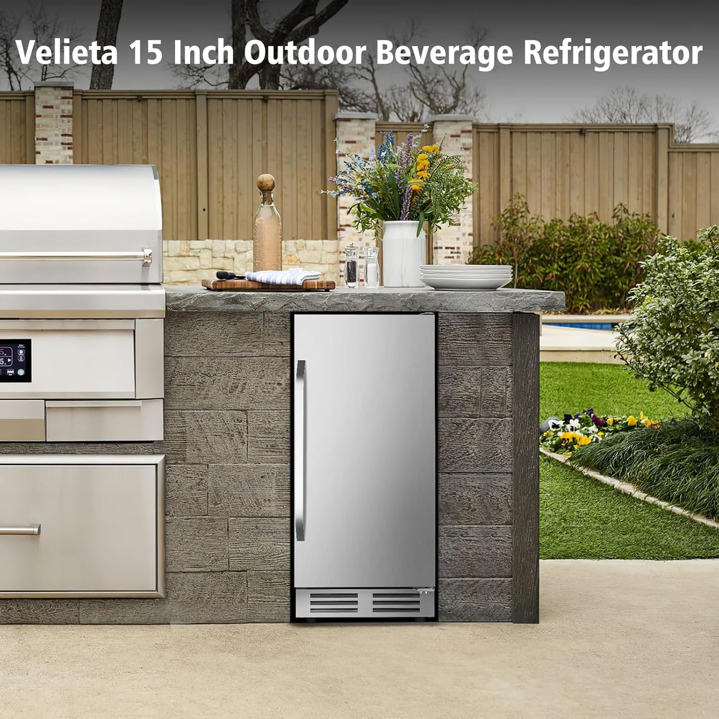 15 Inch Outdoor Beverage Refrigerator Cooler,Stainless Steel 127 Cans Beverage Fridge with French Door Under Counter Built-in or Freestanding, Perfect for Beer, Cola