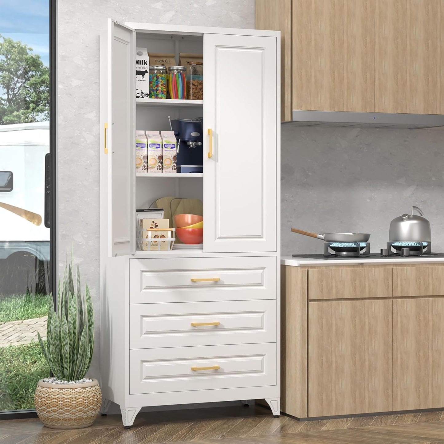 Pantry Kitchen Cabinet with Drawer, 75" Tall Pantry Storage Cabinet, Metal Storage Cabinets with Doors and Shelves, Large Freestanding Cupboard for Dining Room, Assembly Required, White
