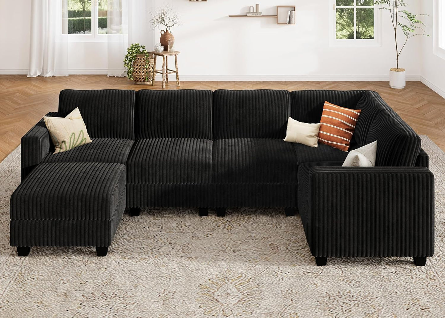 HONBAY Plush Corduroy Sectional Couch with 6 Seaters U-Shaped Modular Sectional Sofa with Storage Sectional Couches for Living Room, Black