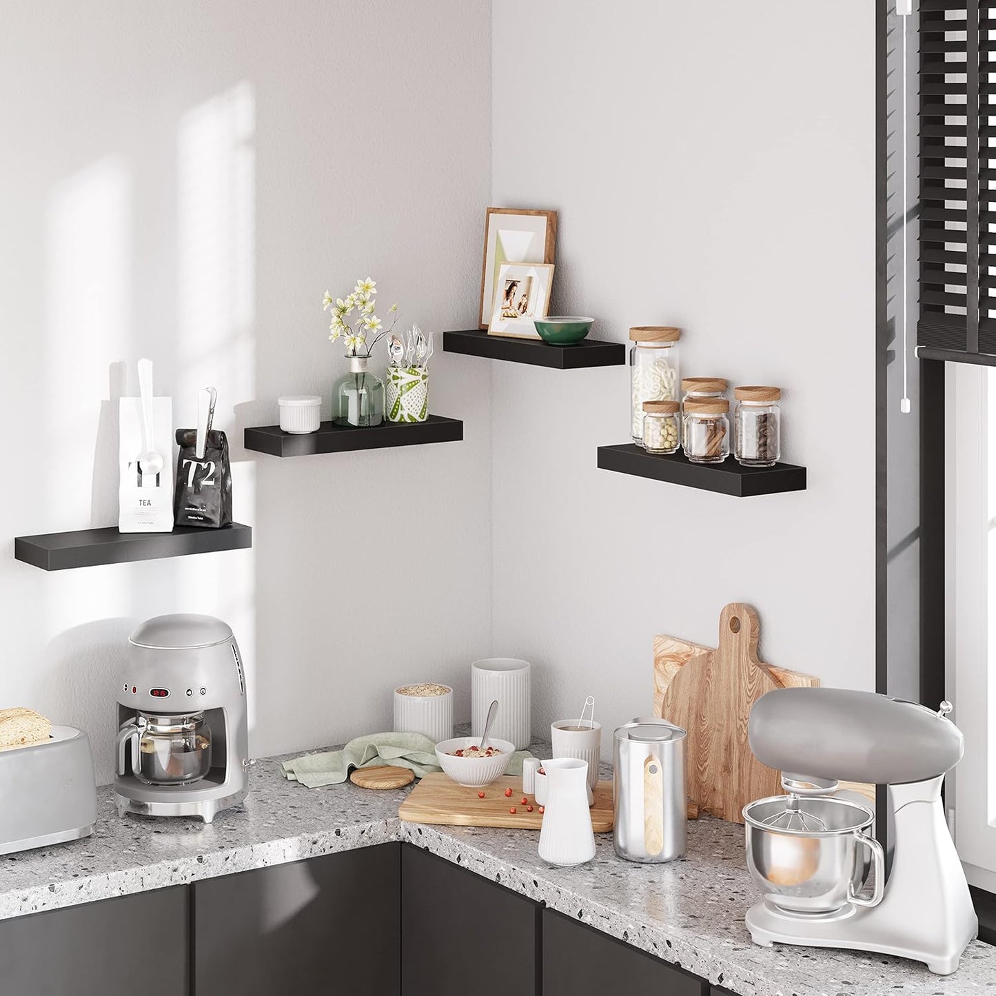 BAMEOS Floating Shelves, Black Wall Mounted Wooden Shelves with Invisible Brackets Set of 2, Hanging Wall Shelves Decoration for Bedroom, Bathroom, Living Room and Kitchen