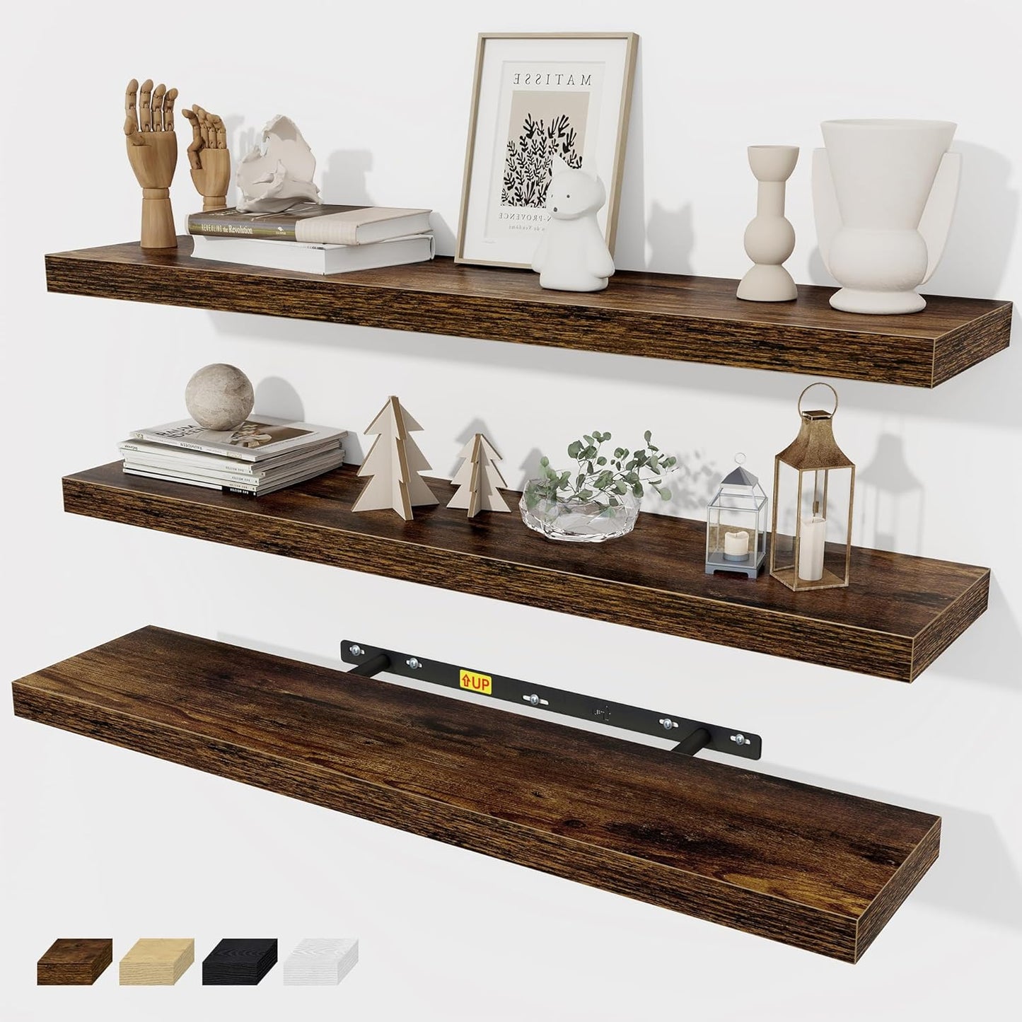 Fun Memories 32 Inch Floating Shelves Wall Shelf Set of 3, Rustic Farmhouse Home Decor Kitchen Living Room Shelves Wall Mounted, 32 x 6.7 x 1.4 Inch, Rustic Brown