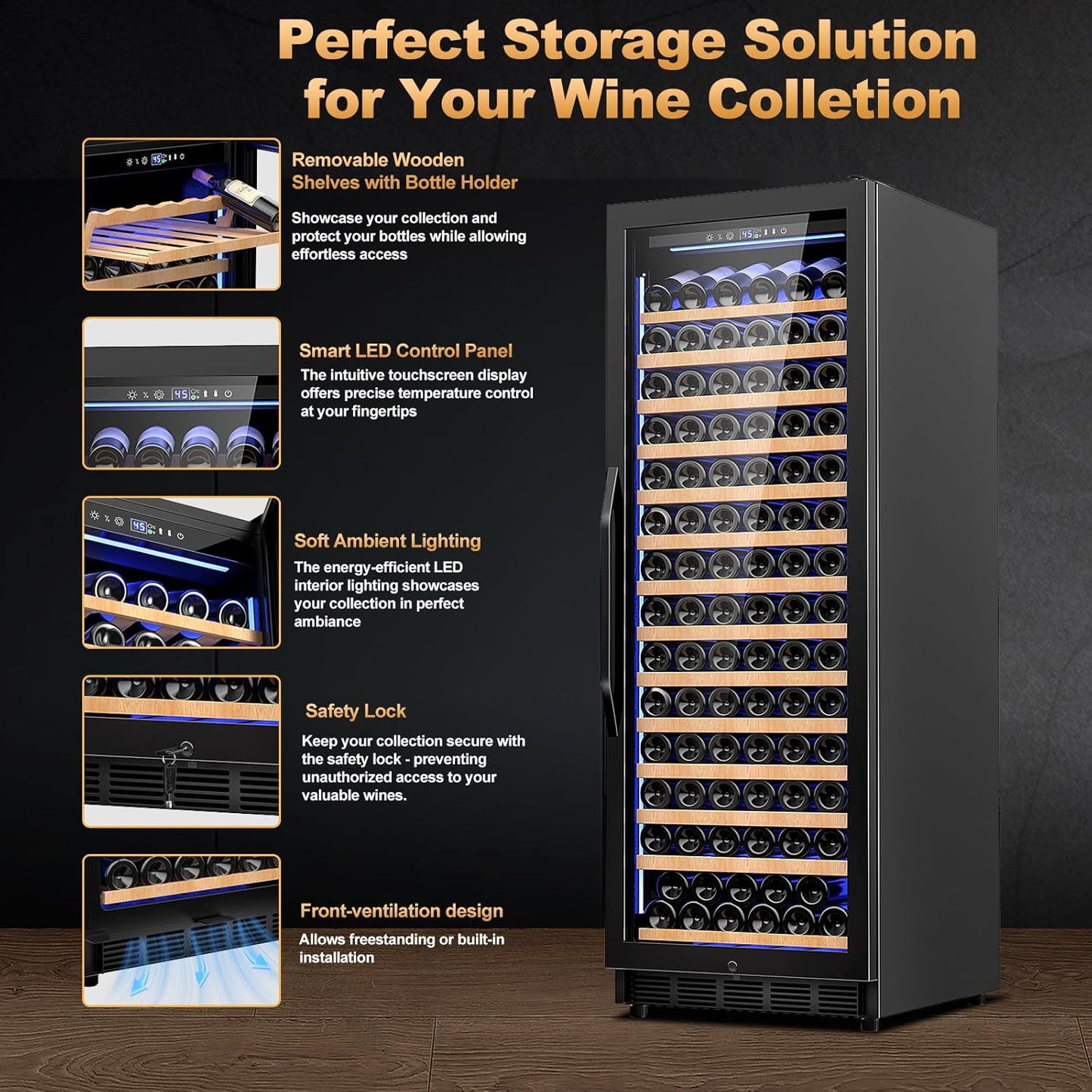 24 Inch Wine Cooler Refrigerator,179 Bottles Wine Fridge Large Capacity Professional Wine Cellars with Powerful Compressor,Quiet Operation and Elegant Design, Black