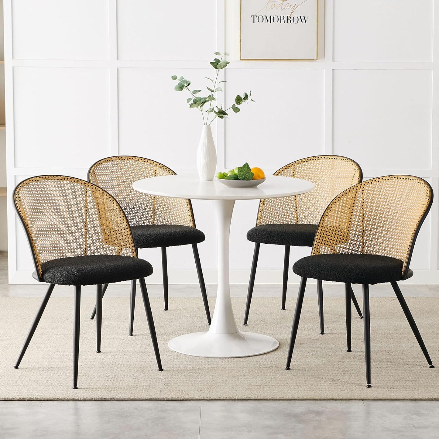 Dining Chairs Set of 4, Mid Century Modern Dining Room Chairs with Full Rattan Back, Boucle Fabric Upholstered Kitchen Dining Chairs Farmhouse Armless Mesh Cane Back Side Chairs with Metal Legs, Black