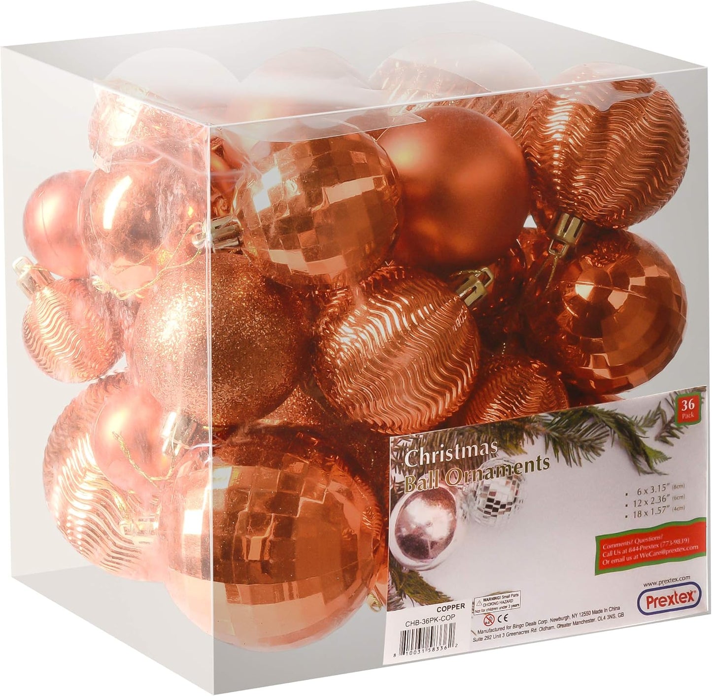 PREXTEX Christmas Tree Ornaments - Copper Orange Christmas Ball Ornaments Set for Christmas, Holiday, Wreath & Party Decorations (36 pcs - Small, Medium, Large) Shatterproof, 3 Size Combo