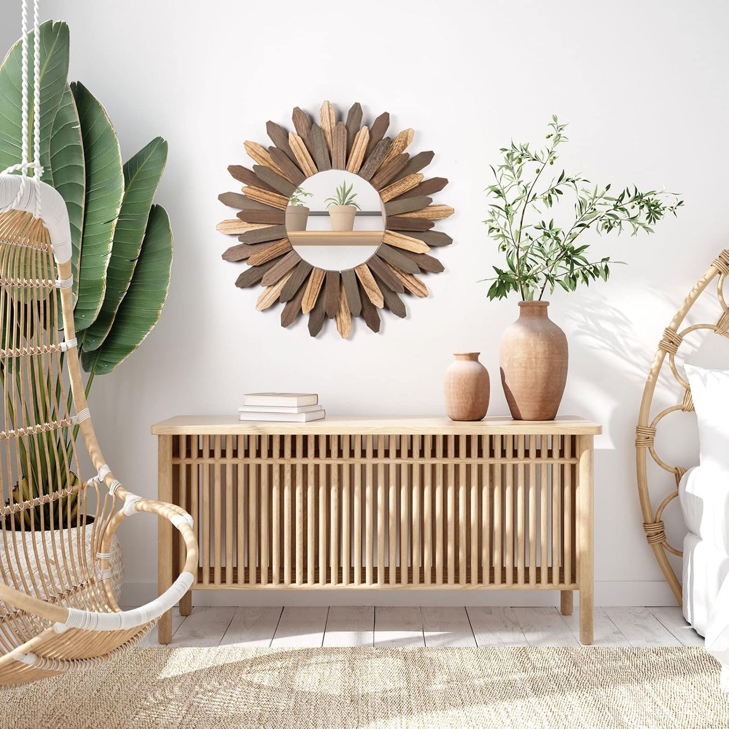 Honiway Boho Wall Decor 21 inch Wall Mirror Rustic Wood Decorative Mirror for Room Decor Rustic Home Decor Farmhouse Wall Decor at Living Room Bedroom Bathroom Hallway Trilcolor