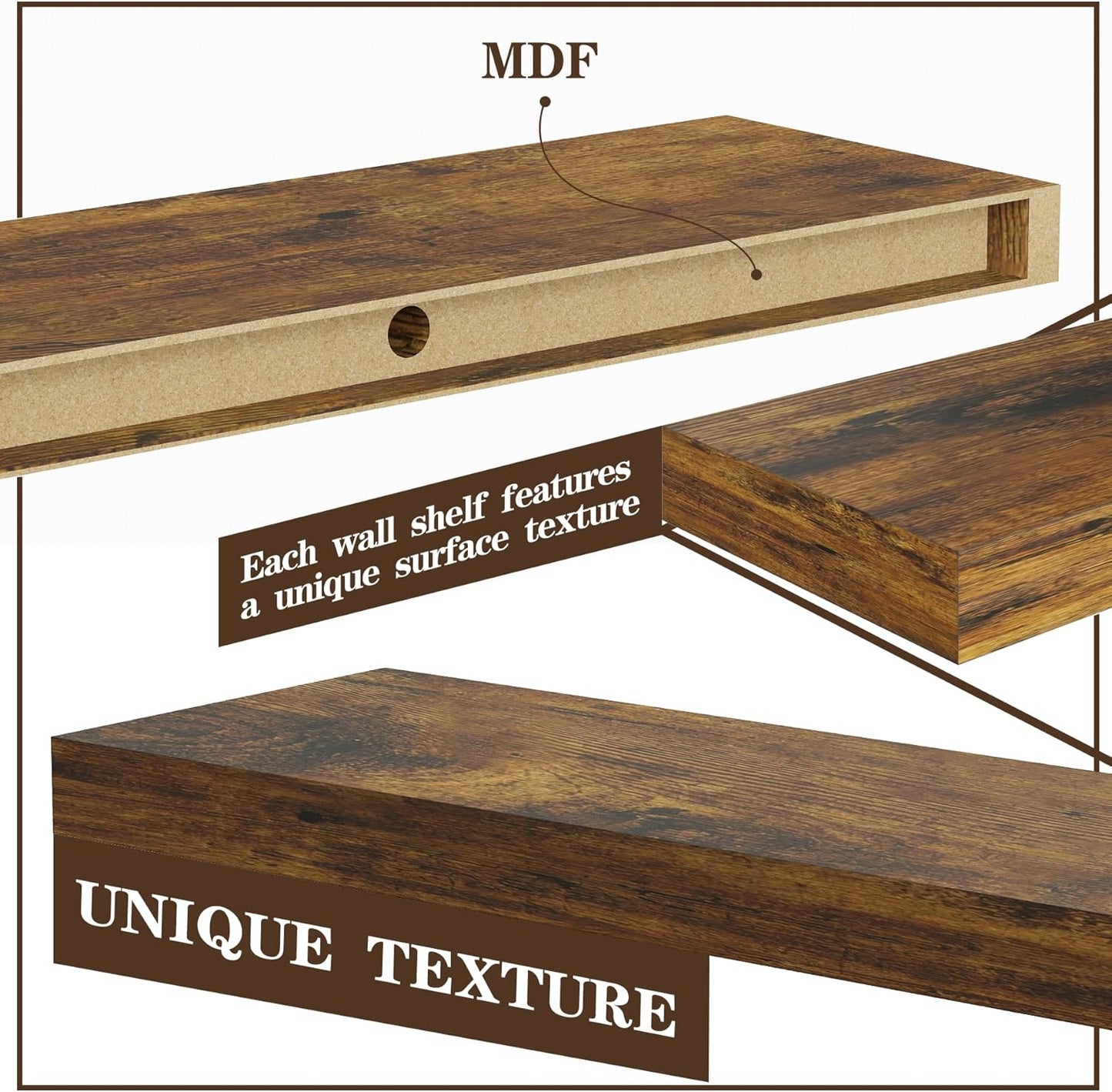 BAMEOS Floating Shelves, 31W x 7D Rustic Brown Wall Mounted Wooden Shelves with Invisible Brackets Set of 2, Hanging Wall Shelves Decoration for Bedroom, Bathroom, Living Room and Kitchen