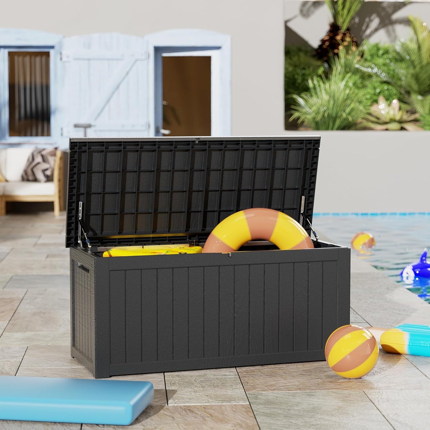 270 Gallon Outdoor Storage Box Waterproof Lockable Resin Deck Box Large, Patio Storage Bin for Pool Accessories Cushion Furniture, Garden Tools, UV-Resistant Outside Delivery Black