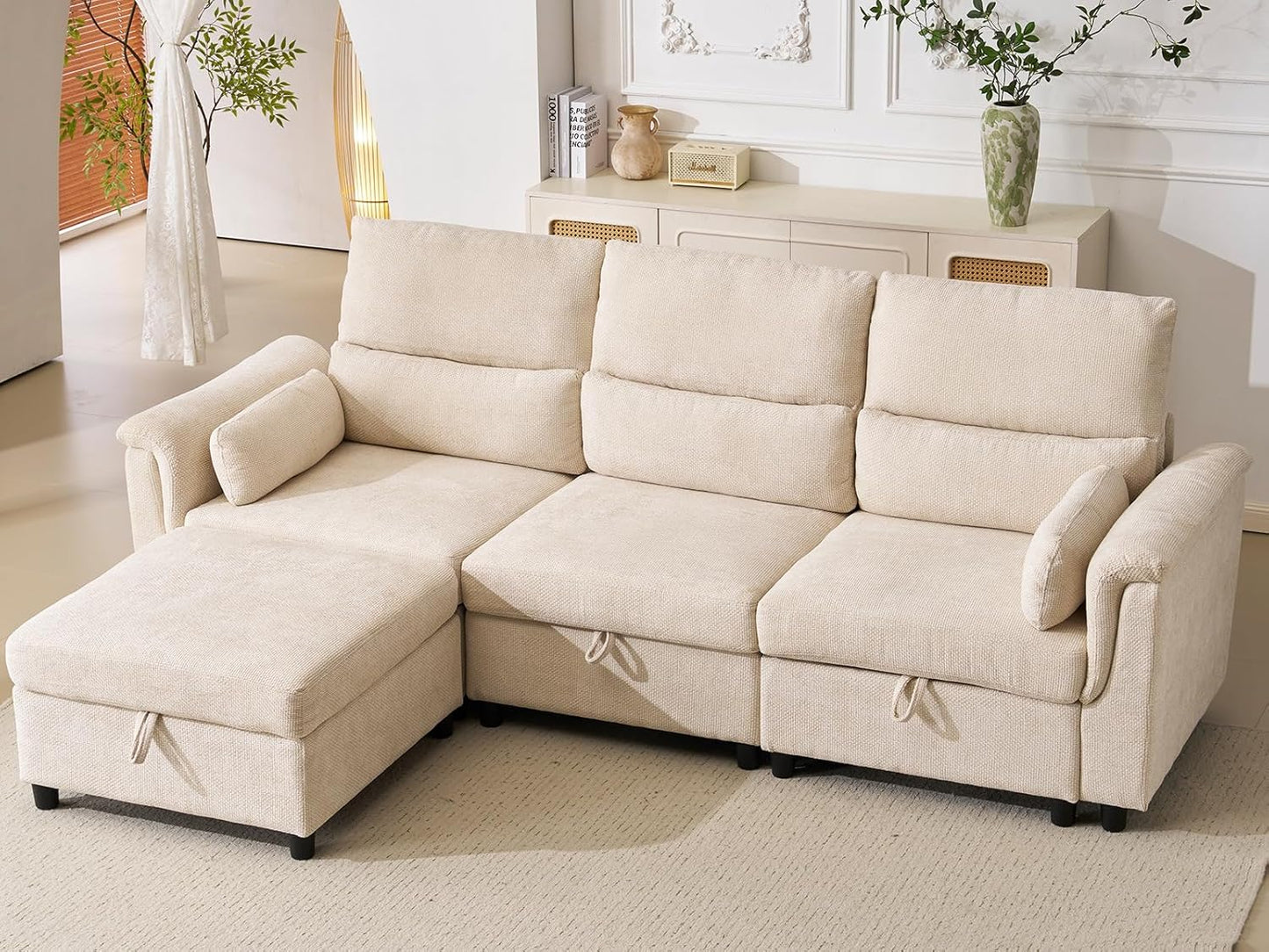 103'' Modular Sectional Sofa, L Shaped Comfy Cloud Couch with Storage,4-Seat Convertible Modern Deep Seat Sofa with Throw Pillows for Living Room,Beige