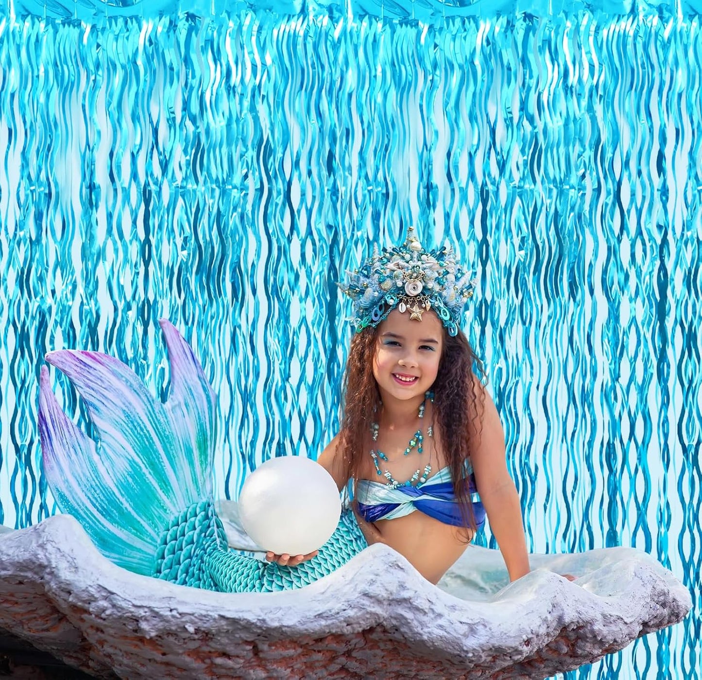 Goer Metallic Tinsel Foil Fringe Curtains for Party Photo Backdrop Wedding Decor (3 Pcs,Wavy Light Blue)