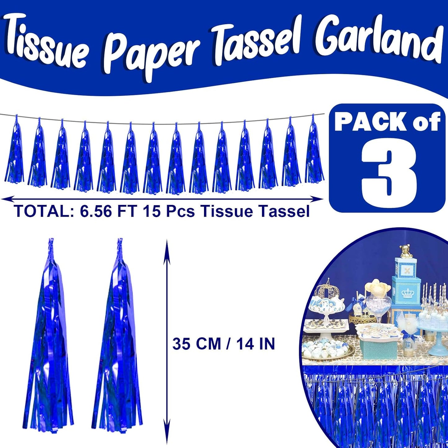 3P Blue Foil Fringe Metallic Tassel Streamers Banner Tassel Garland for Parade Floats, Bachelorette, Wedding, Birthday, Halloween, Christmas, Bridal/Baby Shower Party Decorations