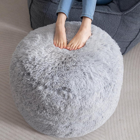 HIGOGOGO Round Stuffed Pouf Ottoman, Long Faux Fur Poufs with Foam Chunk Filling, Fluffy and Furry Pouf Foot Stool Storage Ottoman, 26 X 18 Floor Poufs Foot Rest for Living Room, Light Grey