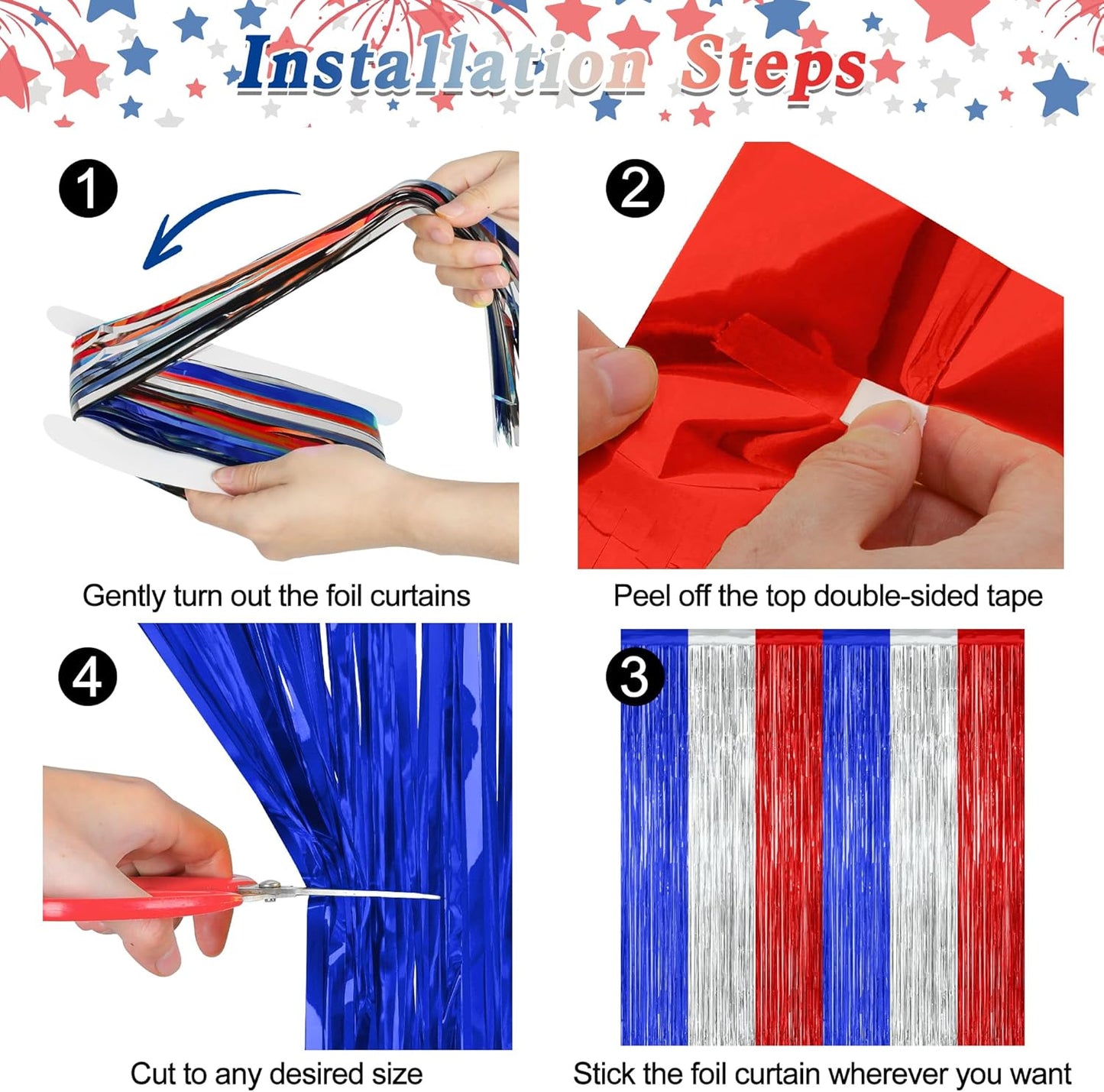 2 Pack 4th of July Party Supplies, 3.28 FT x 7.05 FT 4th of July Tinsel Backdrop, Blue Silver Red Color Fringe Curtains Streamer Backdrop, 4th of July Photo Backdrop Party Decorations