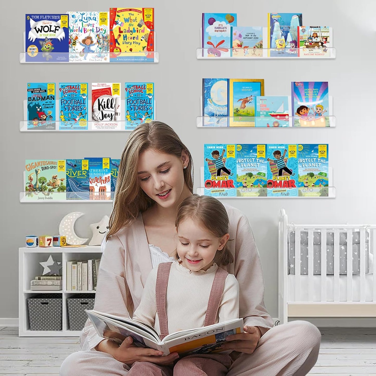 6 Pack Clear Acrylic Floating Shelves for Wall, 15'' Plastic Wall Mounted Display Shelf Kids Bookshelf and Spice Organizer for Bedroom, Living Room, Kitchen, Bathroom, Office