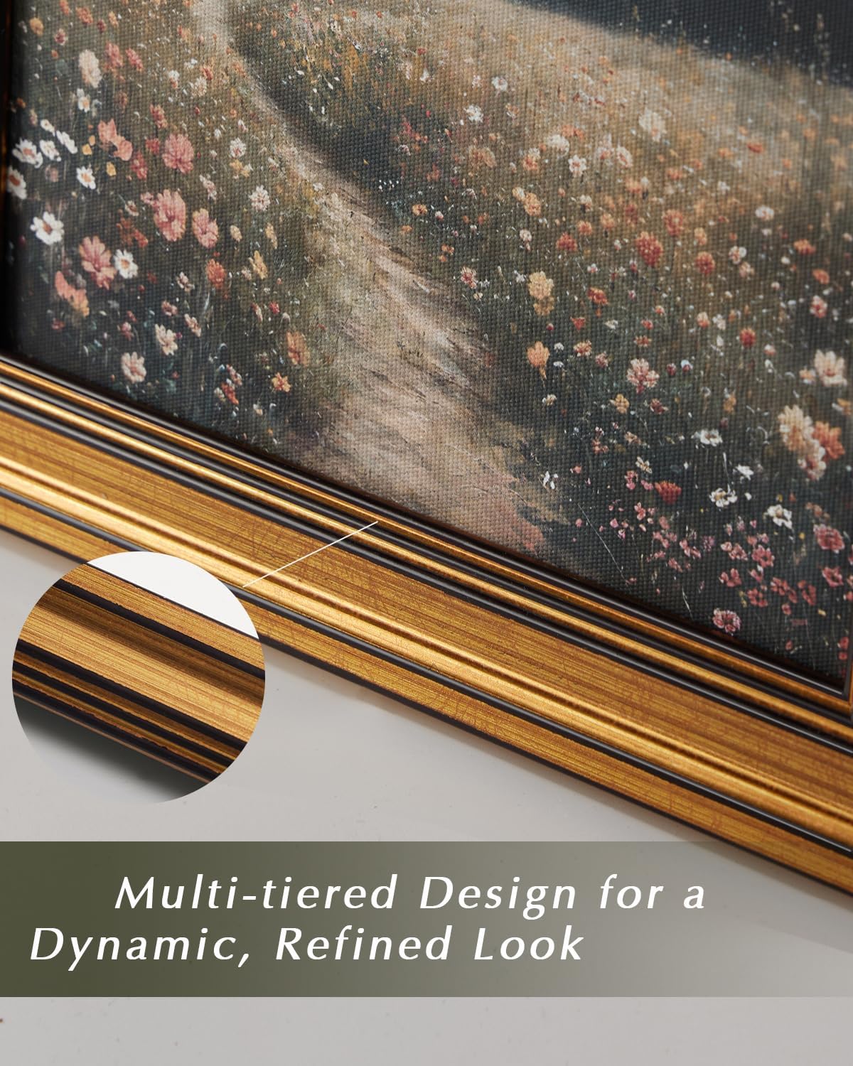 HUARCEY Gold Framed Vintage Wall Art for Living Room, Flowers Painting Prints Shelf Decor for Kitchen, Landscape Bedroom Wall Art, Christmas Gifts for Friends or Family (Flowers Path - 8"x10")