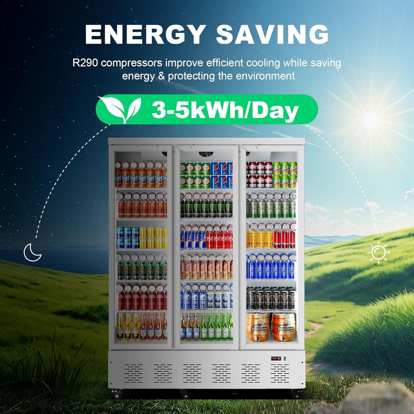 40.5 Cu.ft. Commercial Refrigerators 3 Glass Door Beverage Refrigerators Commercial Fridge Upright Cooler with Soft LED Light and 15 Adjustable Shelves for Restaurant Grocery Stores Home