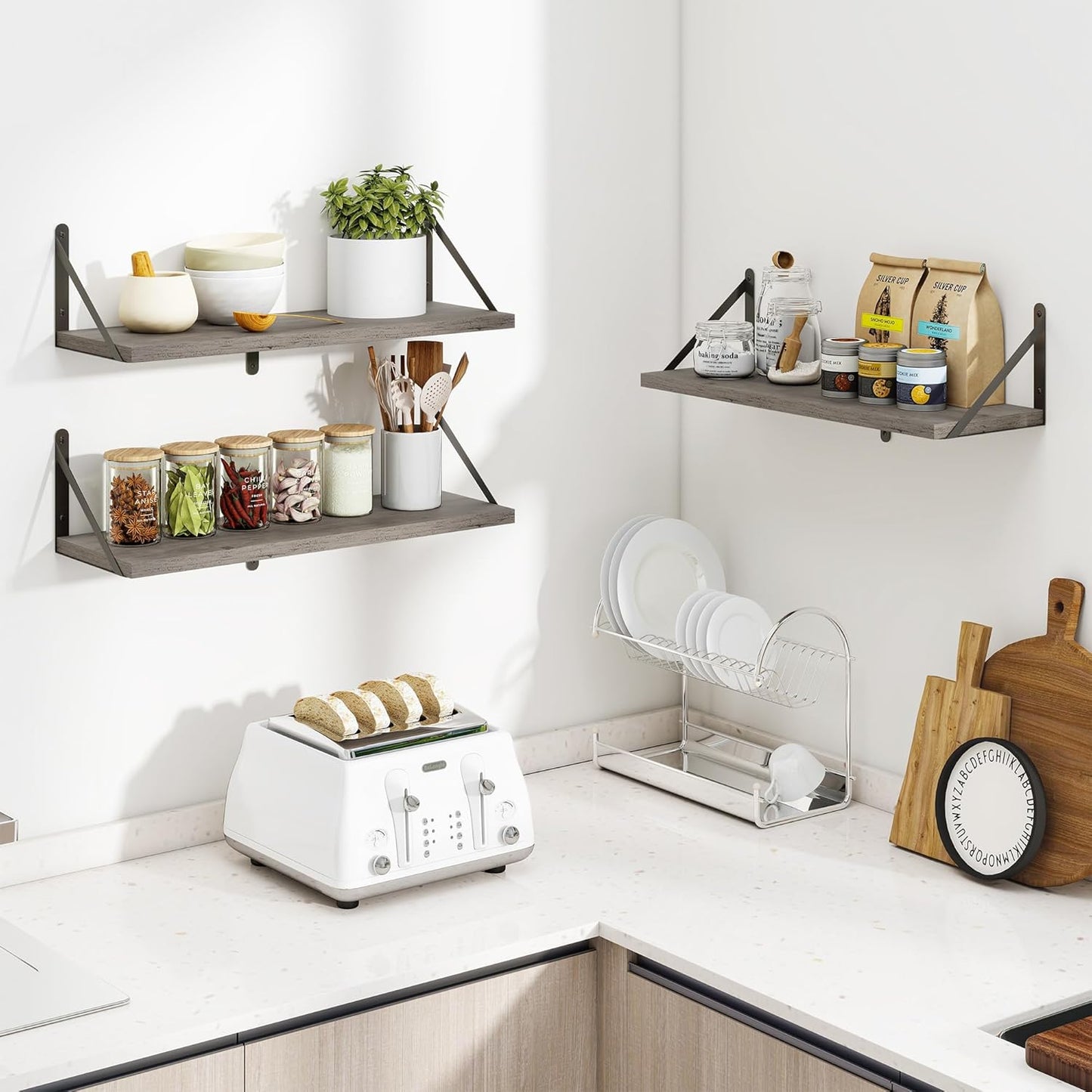 Heimlove Floating Shelves for Wall 24 Inches,8 Inches Deep Wall Bookshelf Mounted Display&Storage Wood Shelves for Kitchen Bathroom Laundry Living Room,Set of 3 (Silver Grey)