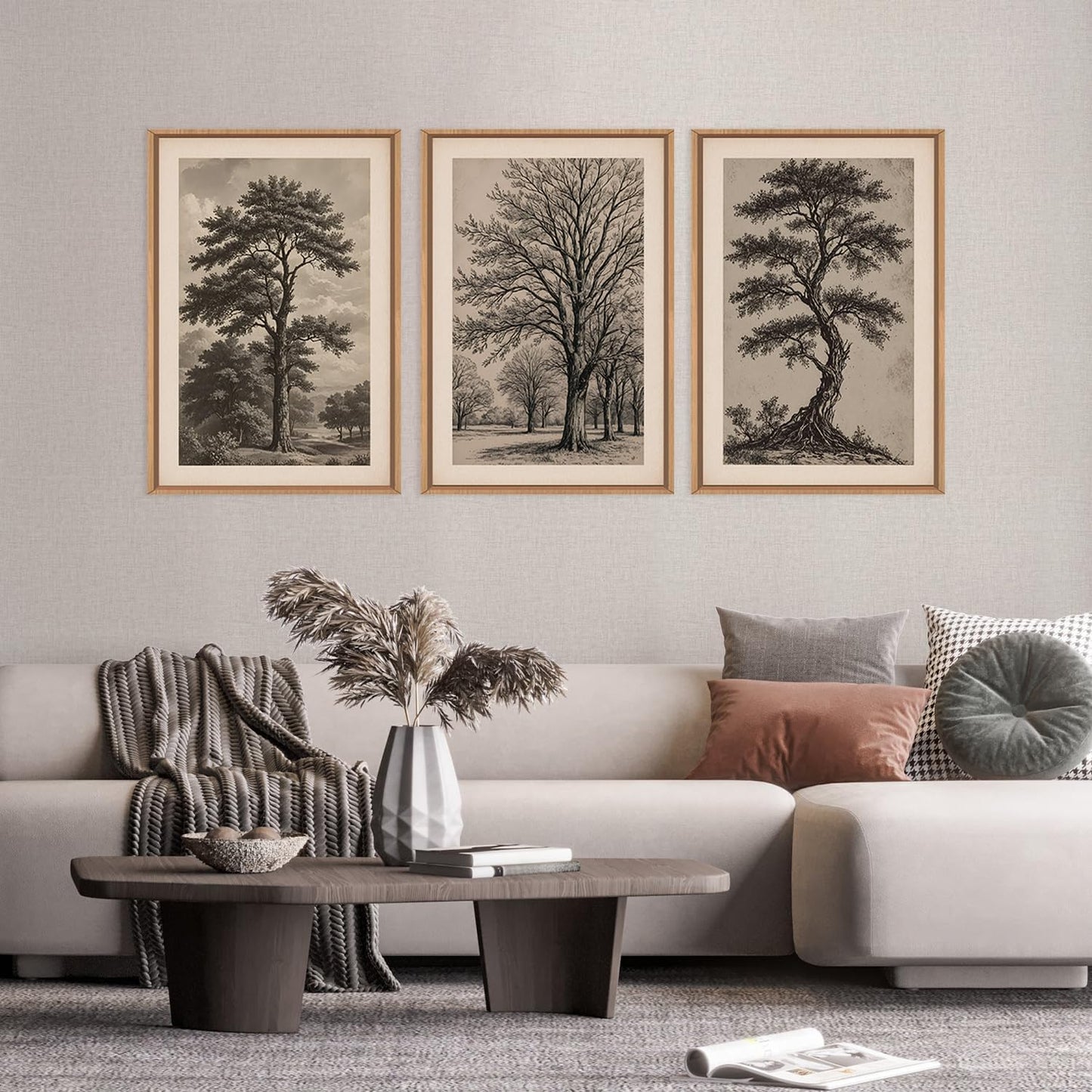 HPINUB Vintage Sketch Tree Framed Canvas Wall Art Set,Modern Nature Botanical Wall Decor, Antique Wilderness Tree Artwork,Minimalist Neutral Art Prints for Living Room,Bedroom,Farmhouse-16 x24 x3