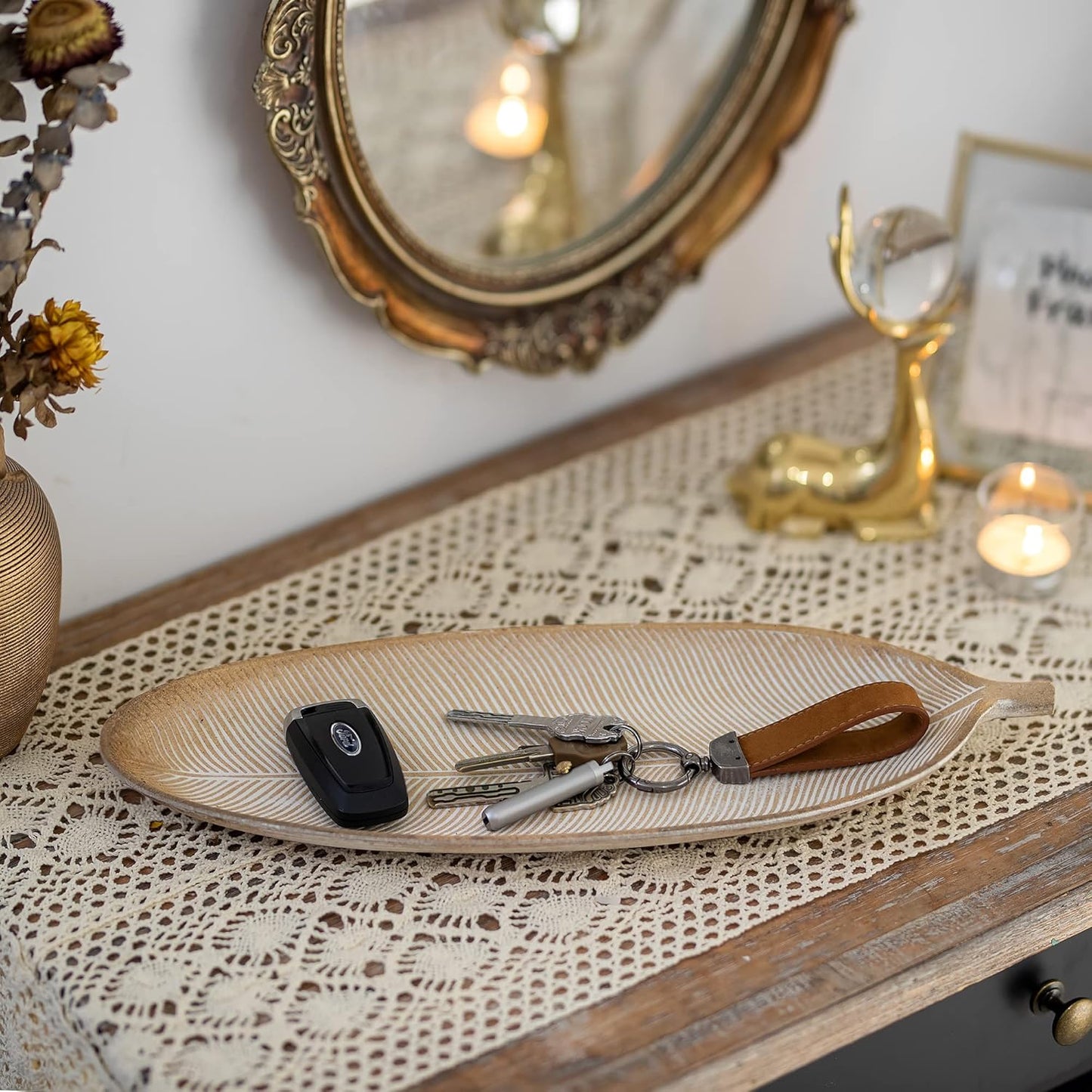 Hanobe Leaf Wooden Decorative Tray: Leaf Shaped Wood Key Tray Decor Plate Bowl for Crystal Candle