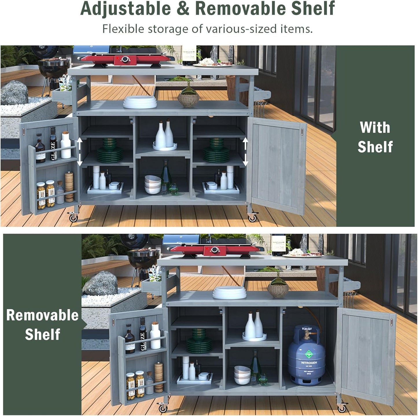 50.25" Outdoor Kitchen Island with Rolling Bar Cart & Storage Cabinet, Farmhouse Solid Wood Grill Table with Stainless Steel Top, Spice Rack & Towel Rack for Kitchen & BBQ (Grey Blue)