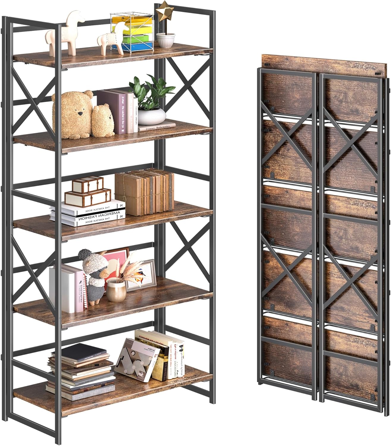 4NM 5 Tiers No Assembly Book Shelves, 51.2" H Folding Bookshelf Bookcase Open Industrial Foldable Shelves for Bedroom, Living Room, Home Office - Rustic Brown Black