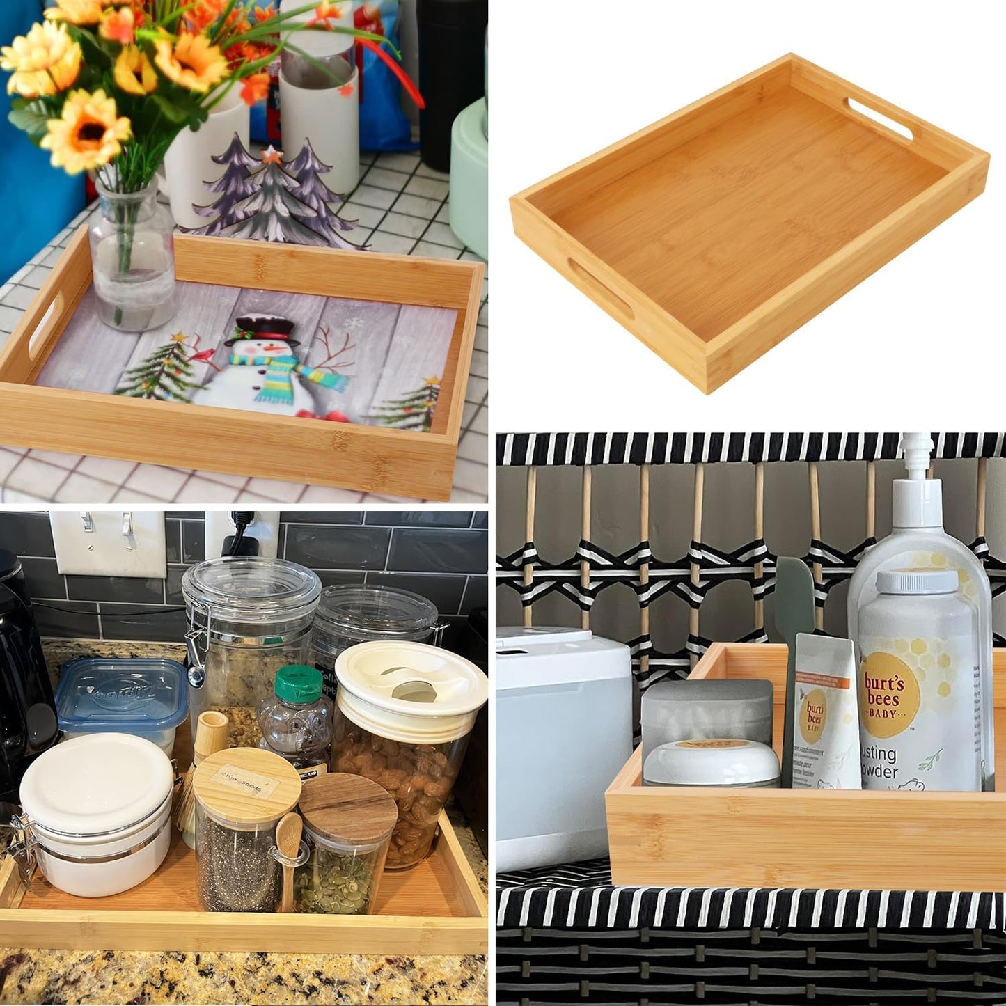 3 Pack Large Bamboo Serving Tray with Handles, 14 x 10 inch Wooden Dinner Tray, Home Kitchen Breakfast Trays for Living Room Bedroom Kitchen Dinner Table, Picnic