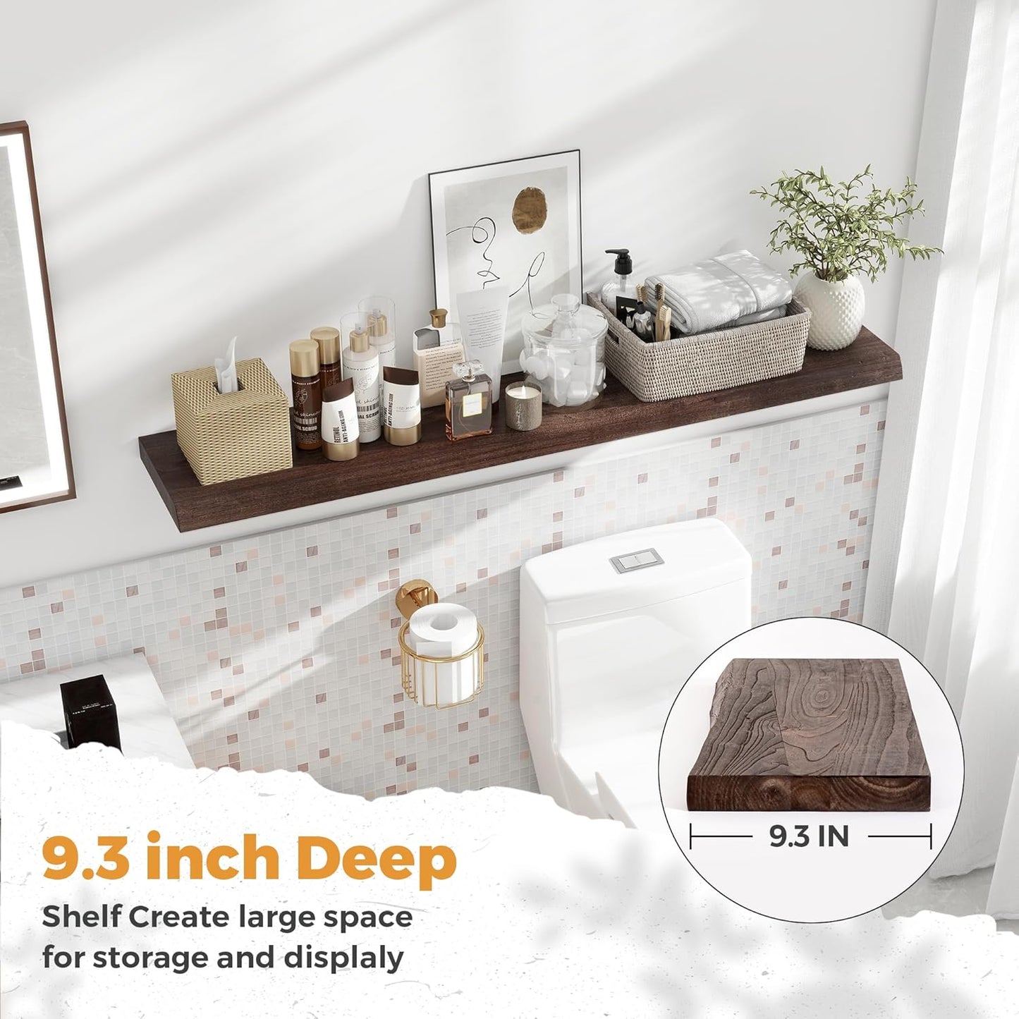 RICHFOCUS Live Edge Elm Floating Shelves - 48" W x 9.3" D Rustic Solid Wood Wall Shelves with Invisible Bracket, Wall-Mounted for Living Room, Bedroom, Kitchen Storage & Display, Set of 1, Walnut