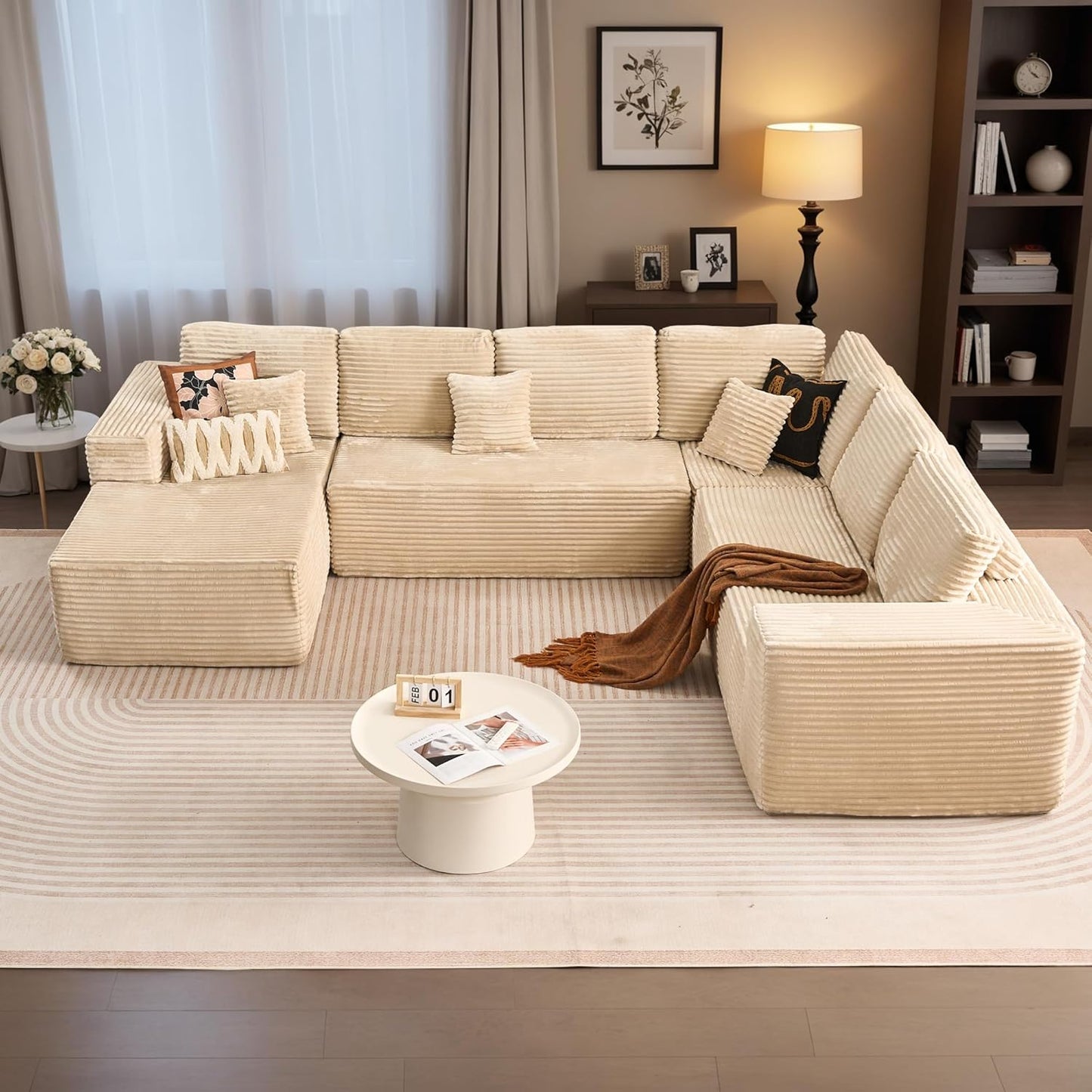 HOOOWOOO Cloud Sectional Couches for Living Room,Modular Sectional Sofa No Assembly,133X108 Inch Plush Corduroy Large U Shaped Floor Couch Set with Deep Seat Left Chaise(Beige)