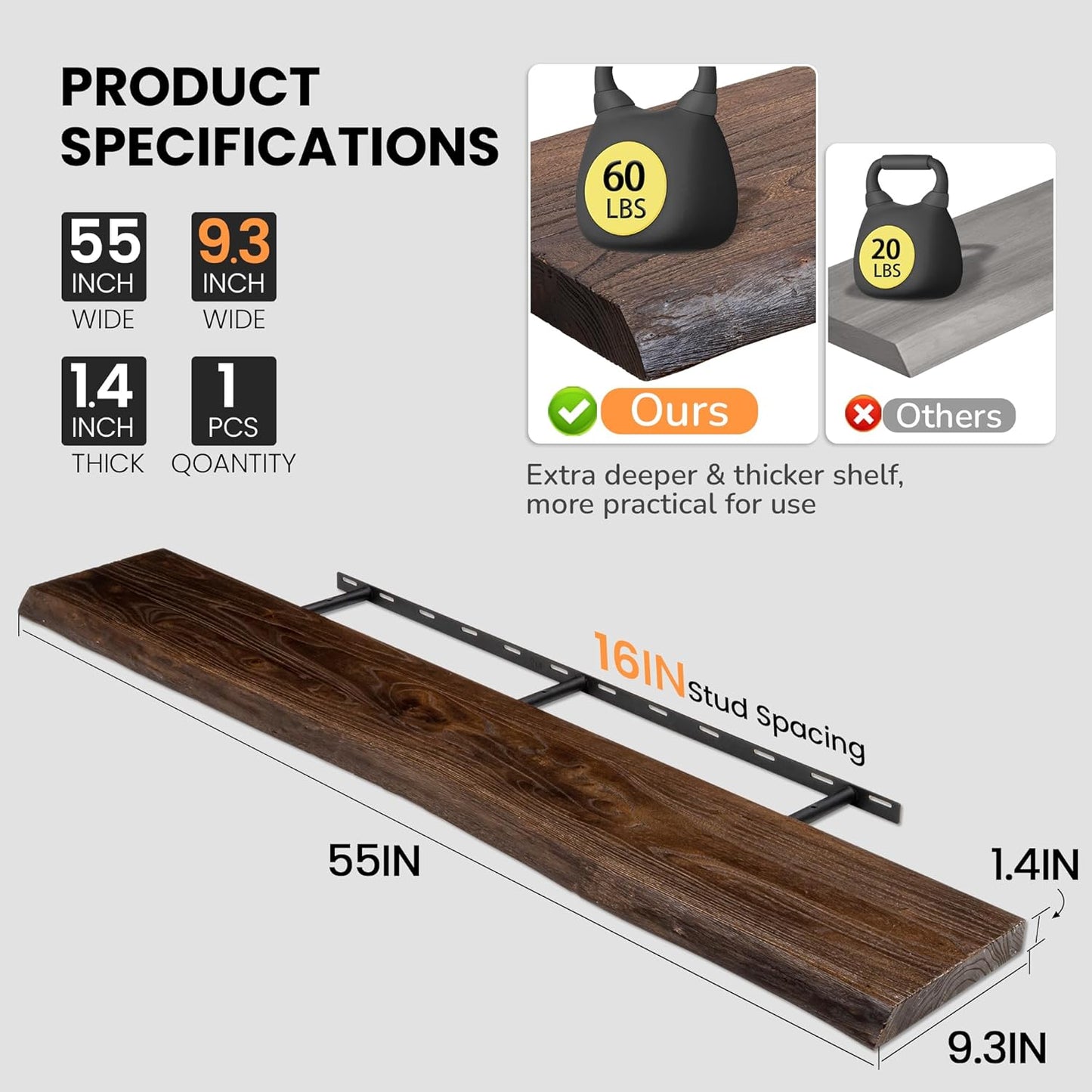 Floating Shelves for Wall, 55"x9.3" Rustic Solid Live-Edge Elm Wood Wall Shelves, Heavy-Duty Floating Shelves with Invisible Brackets, Set of 2 for Living Room, Bedroom, and Kitchen, Walnut Finish